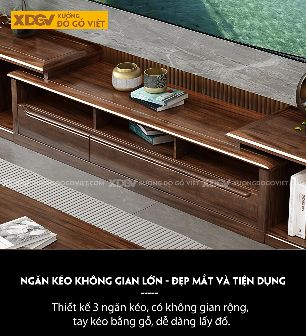 Kệ Tivi Phòng Khách Gỗ Óc Chó Thiết Kế Đa Tầng Tạo Chiều Sâu