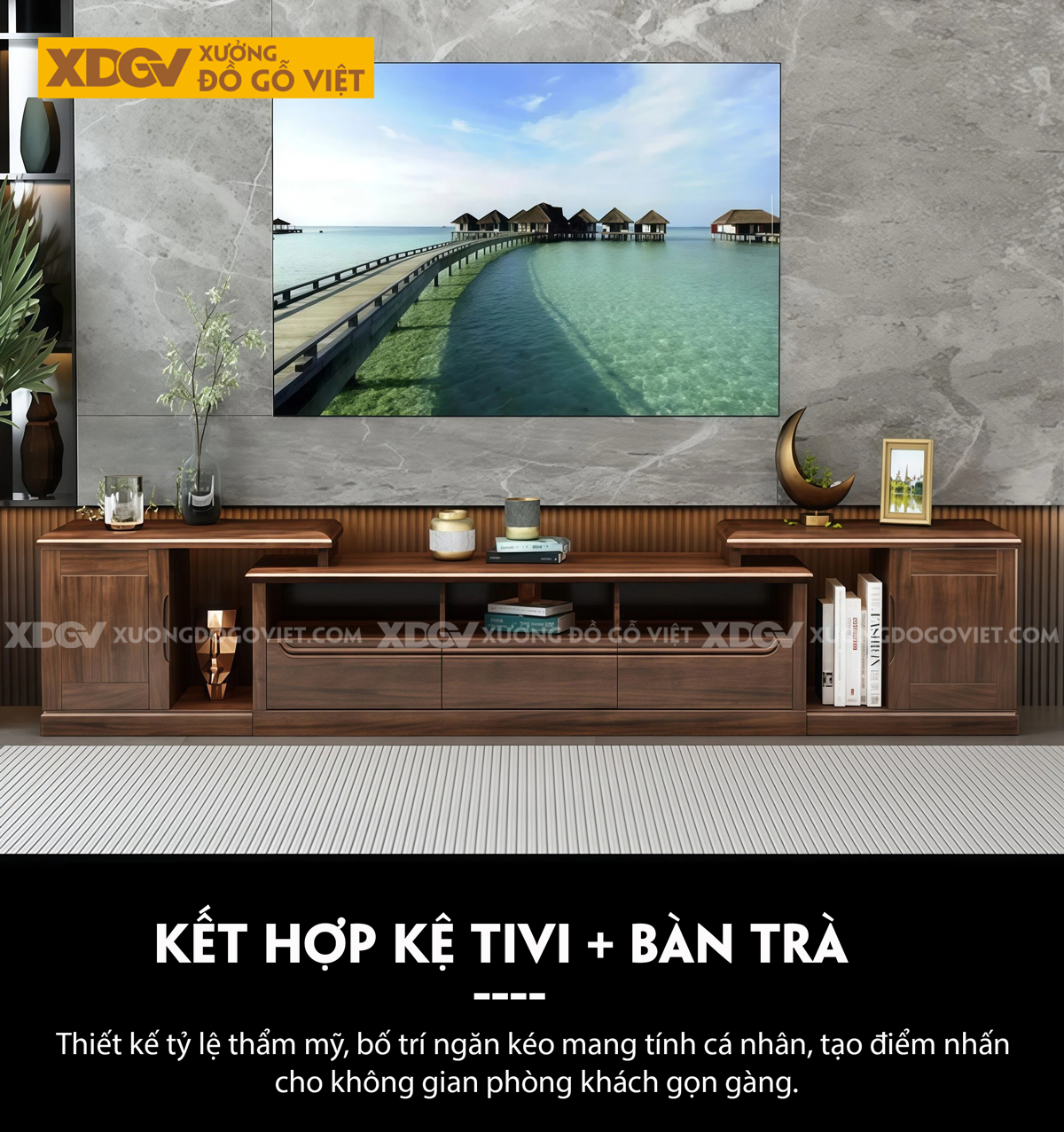 Kệ Tivi Phòng Khách Gỗ Óc Chó Thiết Kế Đa Tầng Tạo Chiều Sâu