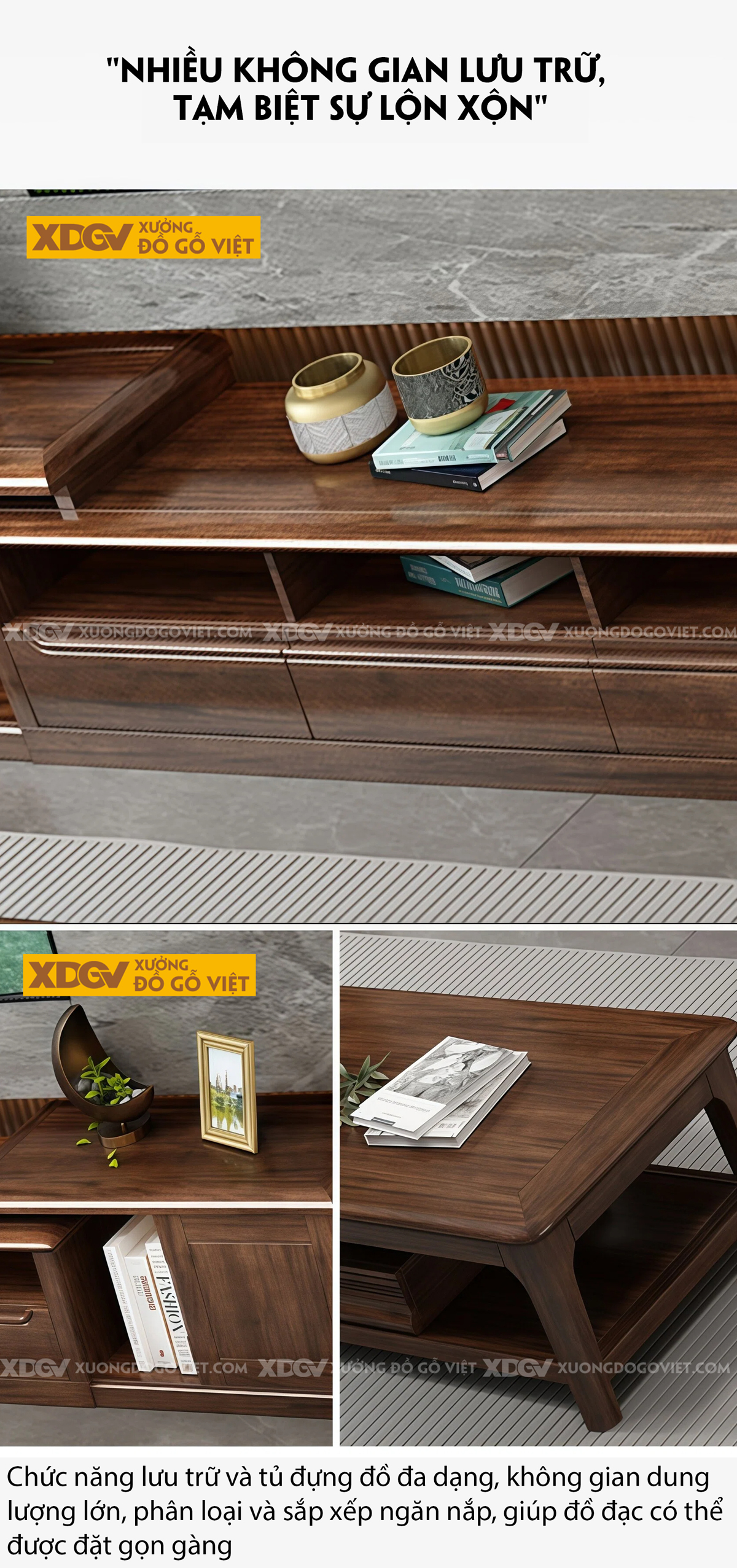 Kệ Tivi Phòng Khách Gỗ Óc Chó Thiết Kế Đa Tầng Tạo Chiều Sâu