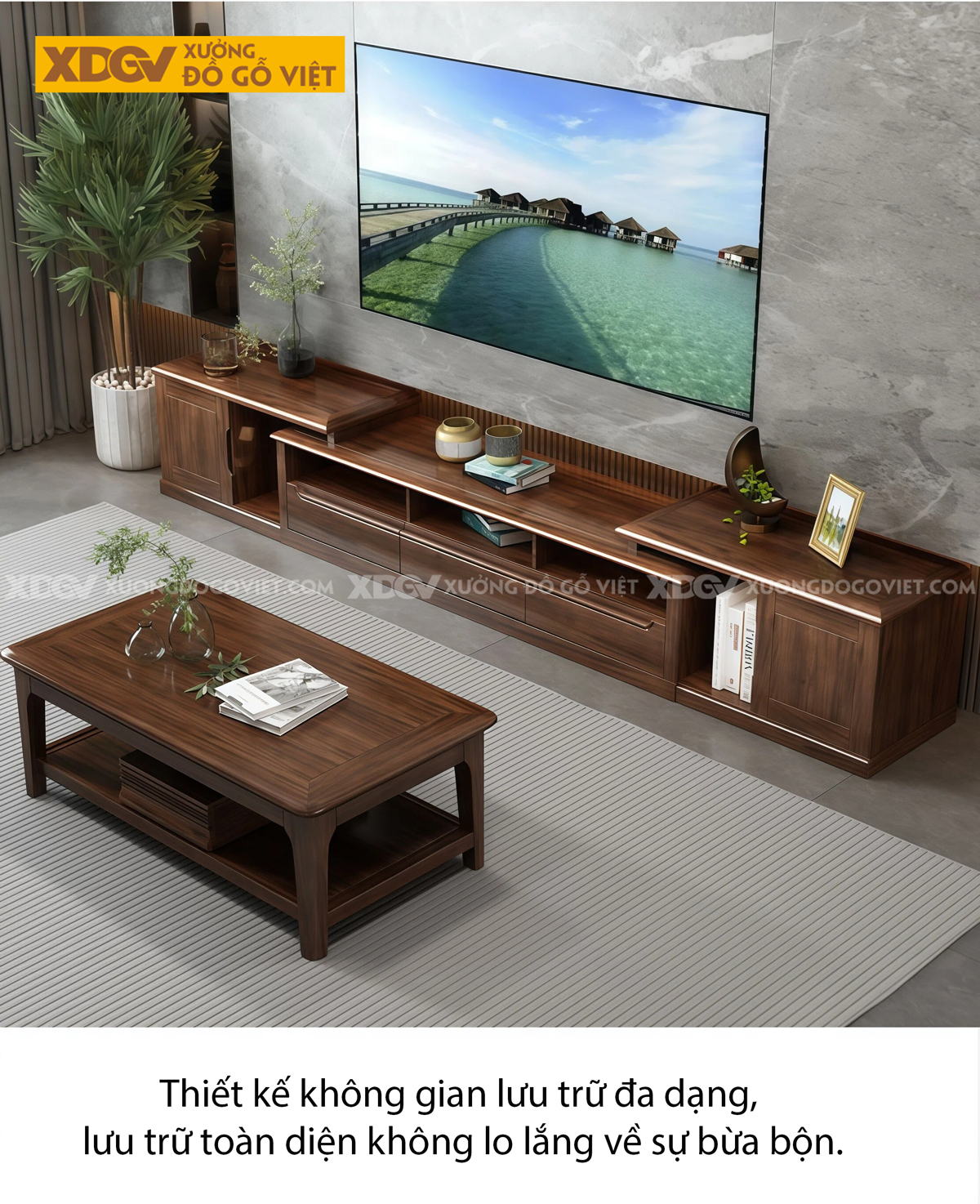 Kệ Tivi Phòng Khách Gỗ Óc Chó Thiết Kế Đa Tầng Tạo Chiều Sâu