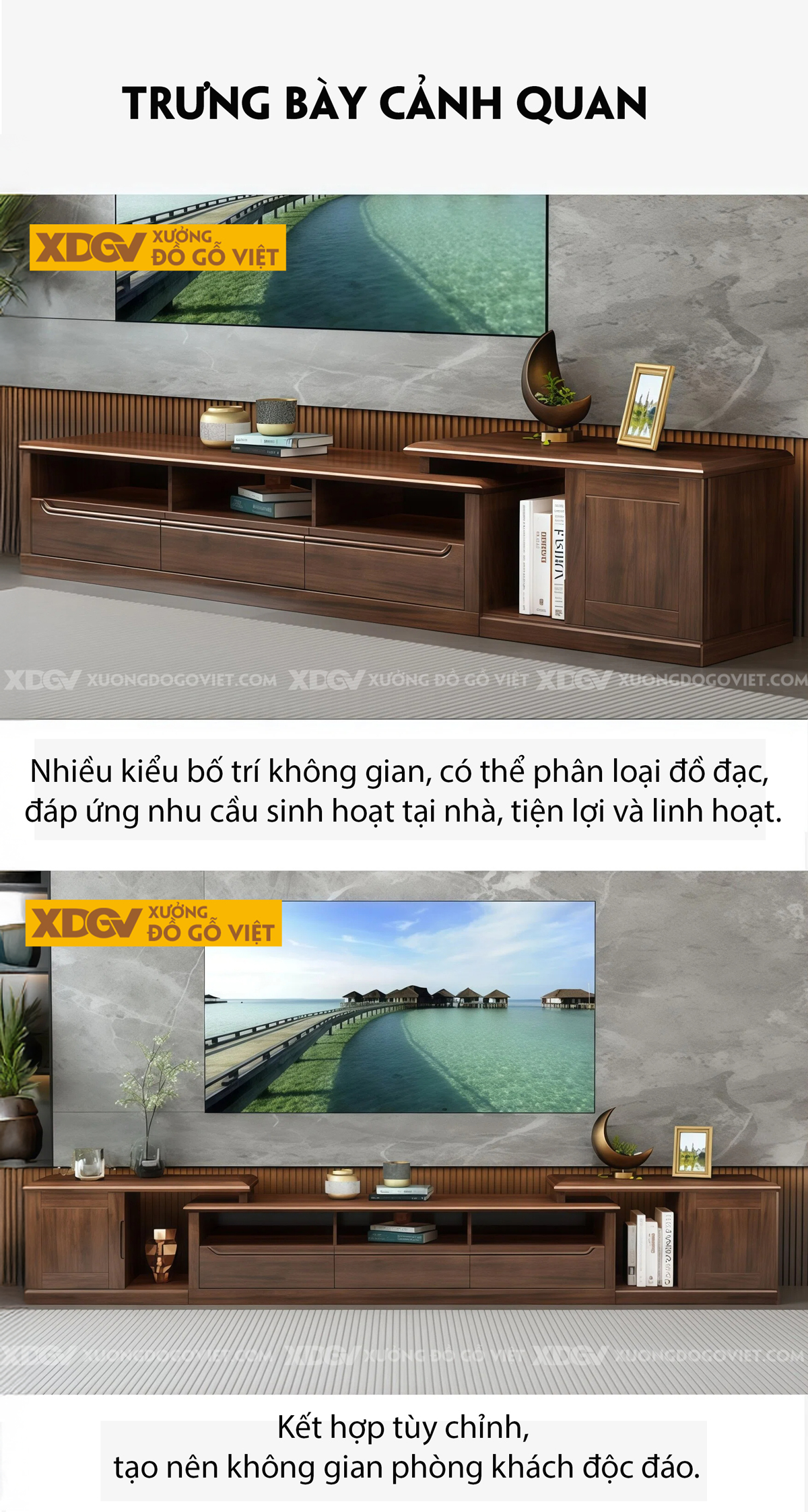 Kệ Tivi Phòng Khách Gỗ Óc Chó Thiết Kế Đa Tầng Tạo Chiều Sâu