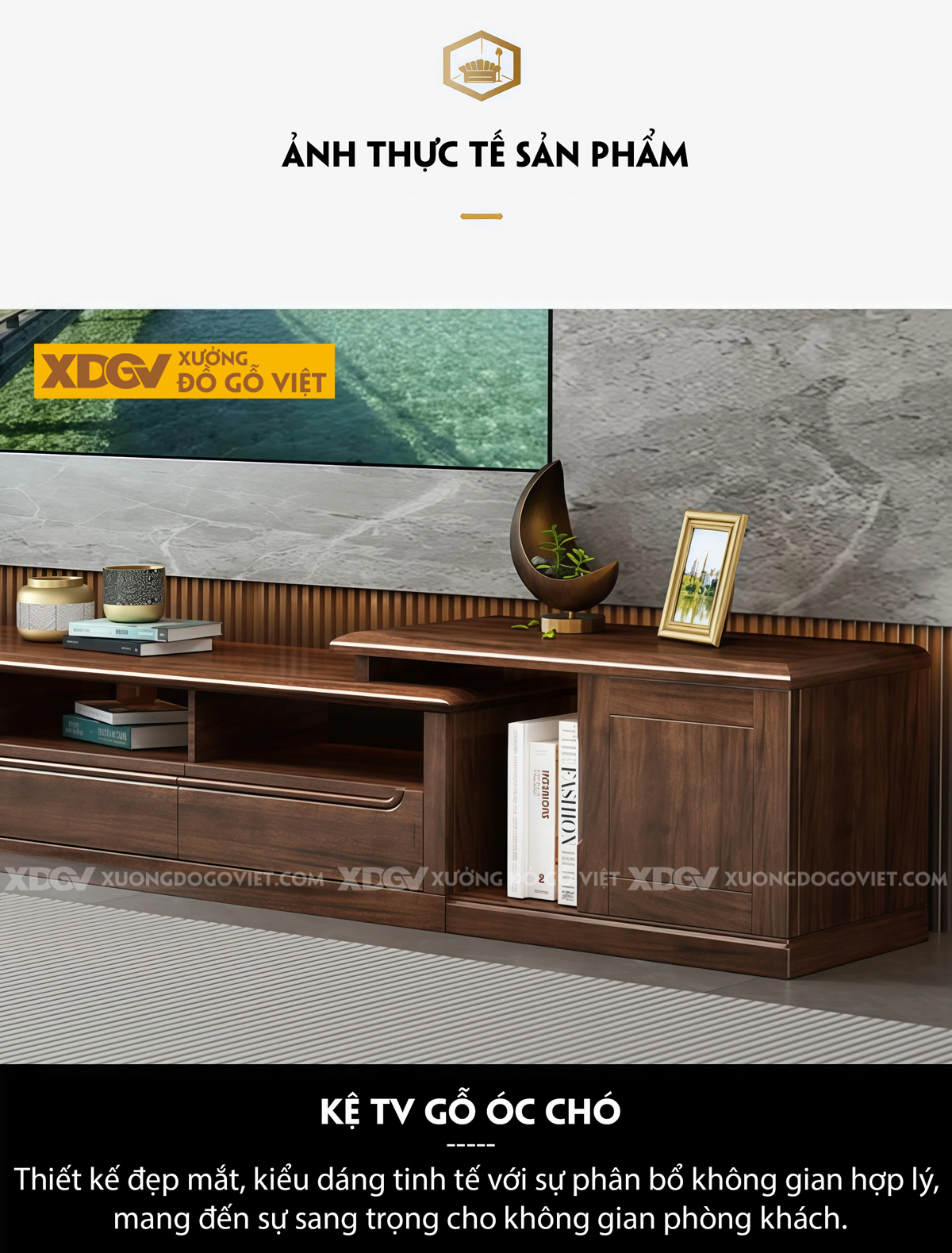 Kệ Tivi Phòng Khách Gỗ Óc Chó Thiết Kế Đa Tầng Tạo Chiều Sâu