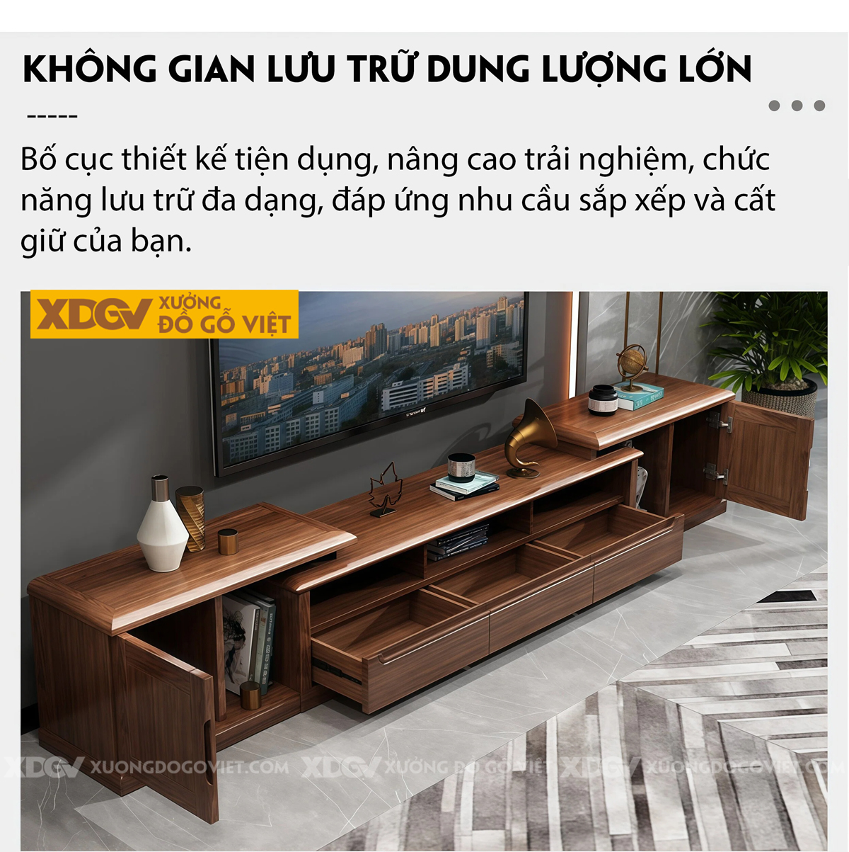 Kệ Tivi Phòng Khách Gỗ Óc Chó Thiết Kế Phân Tầng Lưu Trữ Lớn