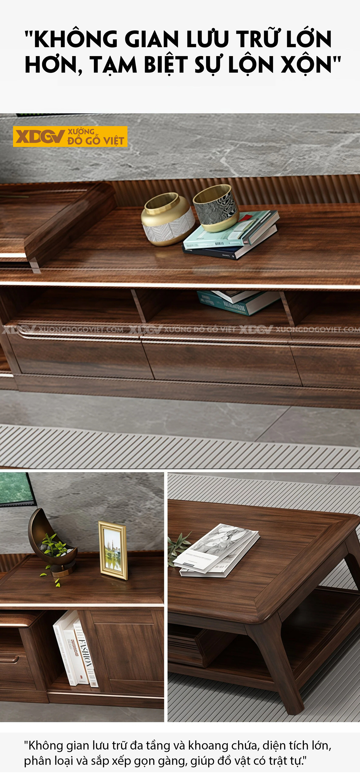 Kệ Tivi Phòng Khách Gỗ Óc Chó Thiết Kế Phân Tầng Lưu Trữ Lớn