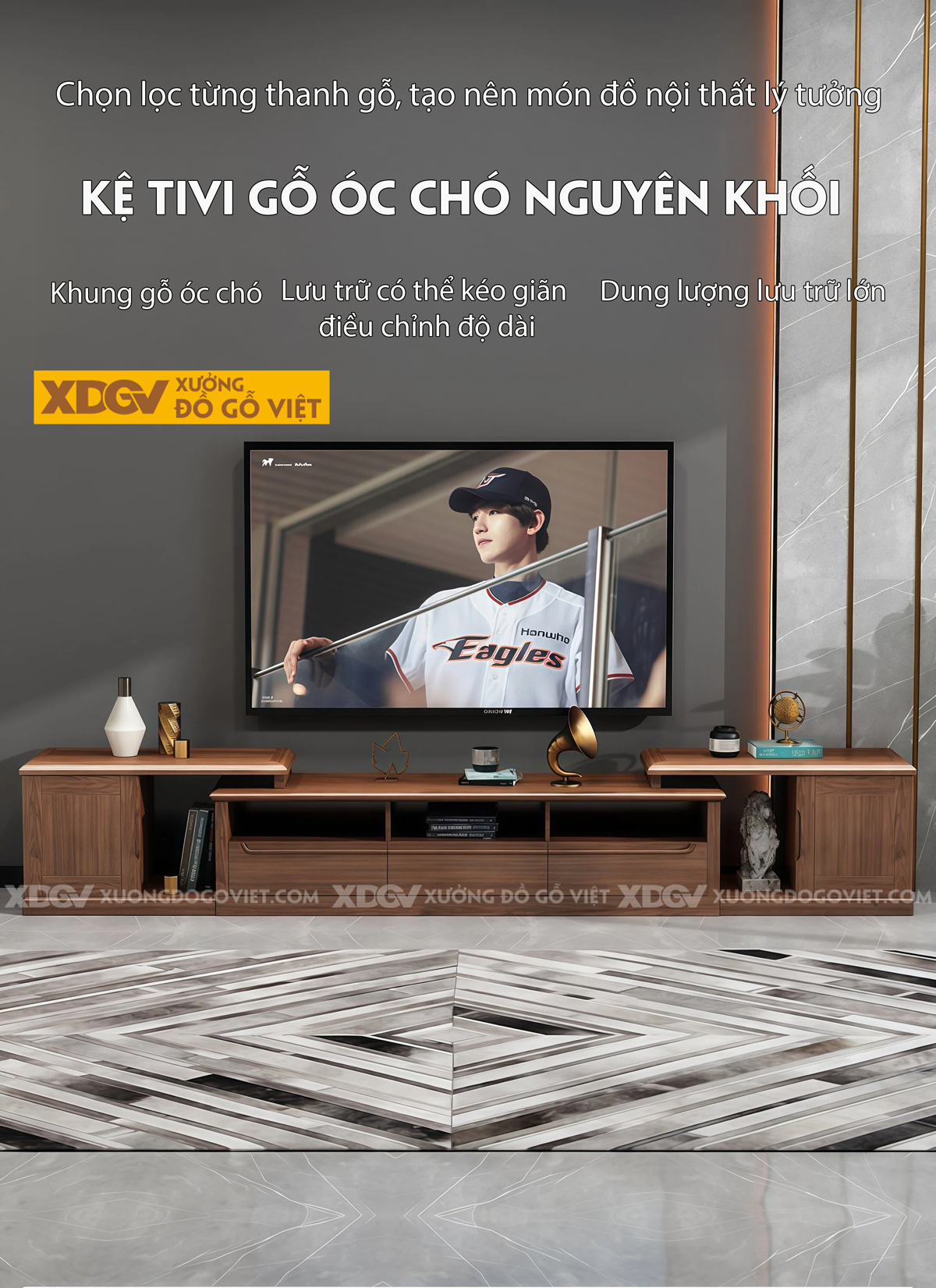 Kệ Tivi Phòng Khách Gỗ Óc Chó Thiết Kế Phân Tầng Lưu Trữ Lớn