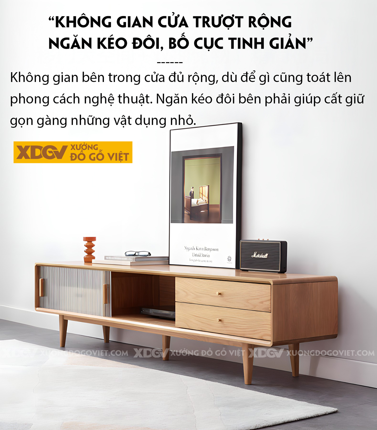 Kệ Tivi Phòng Khách Gỗ Sồi Hiện Đại Cánh Kính Lùa Gân Mờ