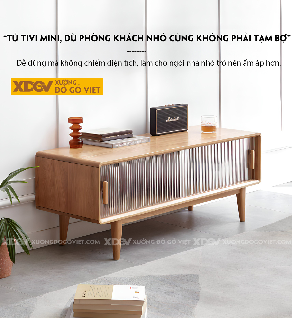 Kệ Tivi Phòng Khách Gỗ Sồi Hiện Đại Cánh Kính Lùa Gân Mờ