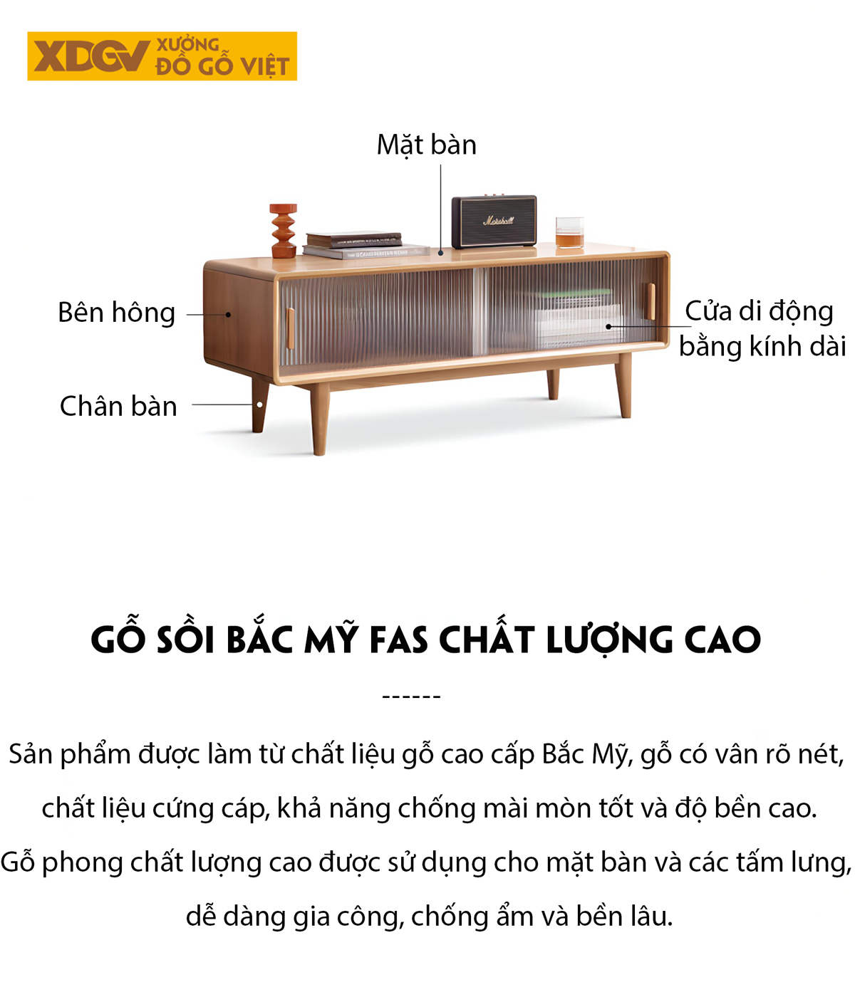 Kệ Tivi Phòng Khách Gỗ Sồi Hiện Đại Cánh Kính Lùa Gân Mờ