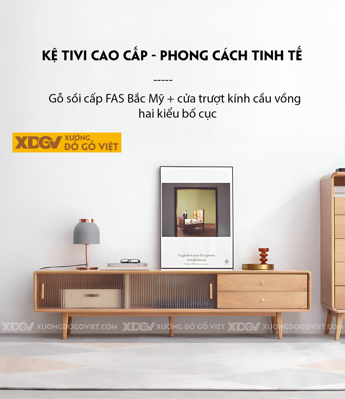 Kệ Tivi Phòng Khách Gỗ Sồi Hiện Đại Cánh Kính Lùa Gân Mờ