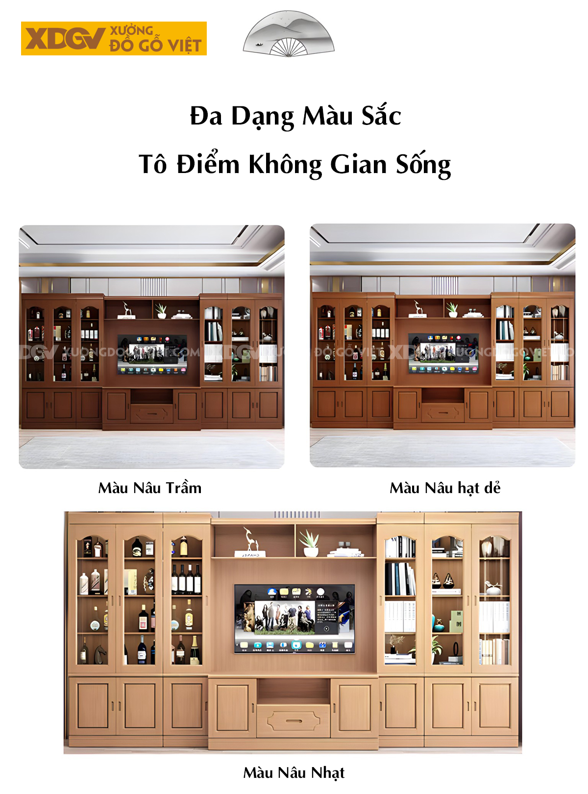 Kệ Tivi Phòng Khách Gỗ Sồi Liền Tủ Đối Xứng 2 Bên Kính Trắng