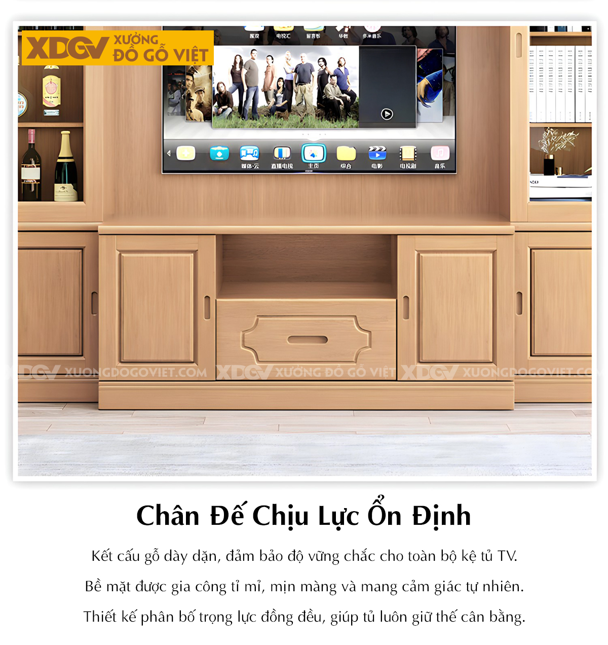 Kệ Tivi Phòng Khách Gỗ Sồi Liền Tủ Đối Xứng 2 Bên Kính Trắng