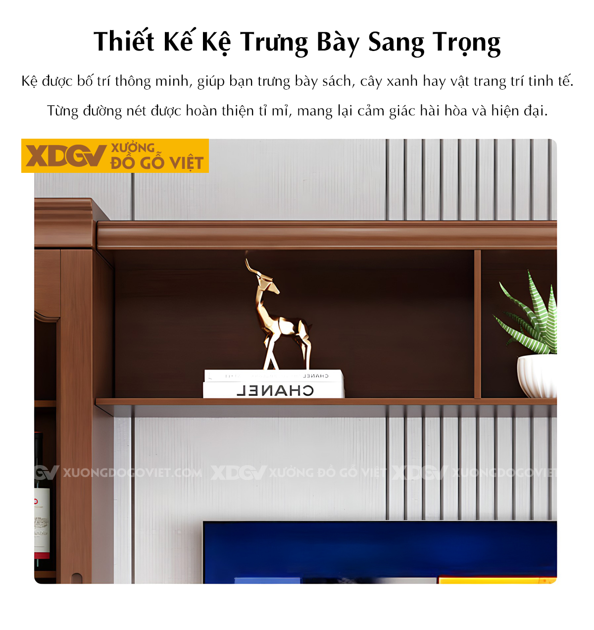 Kệ Tivi Phòng Khách Gỗ Sồi Liền Tủ Đối Xứng 2 Bên Kính Trắng