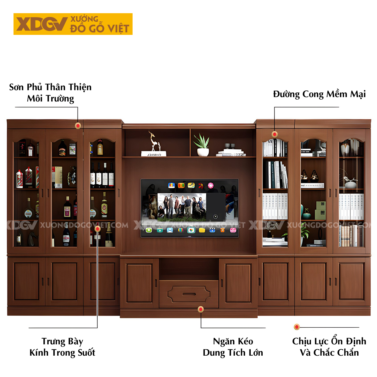 Kệ Tivi Phòng Khách Gỗ Sồi Liền Tủ Đối Xứng 2 Bên Kính Trắng