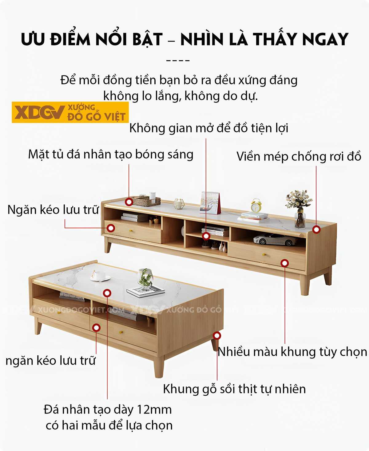 Kệ Tivi Phòng Khách Gỗ Sồi Mặt Đá Hiện Đại Nhiều Hộc Ngăn