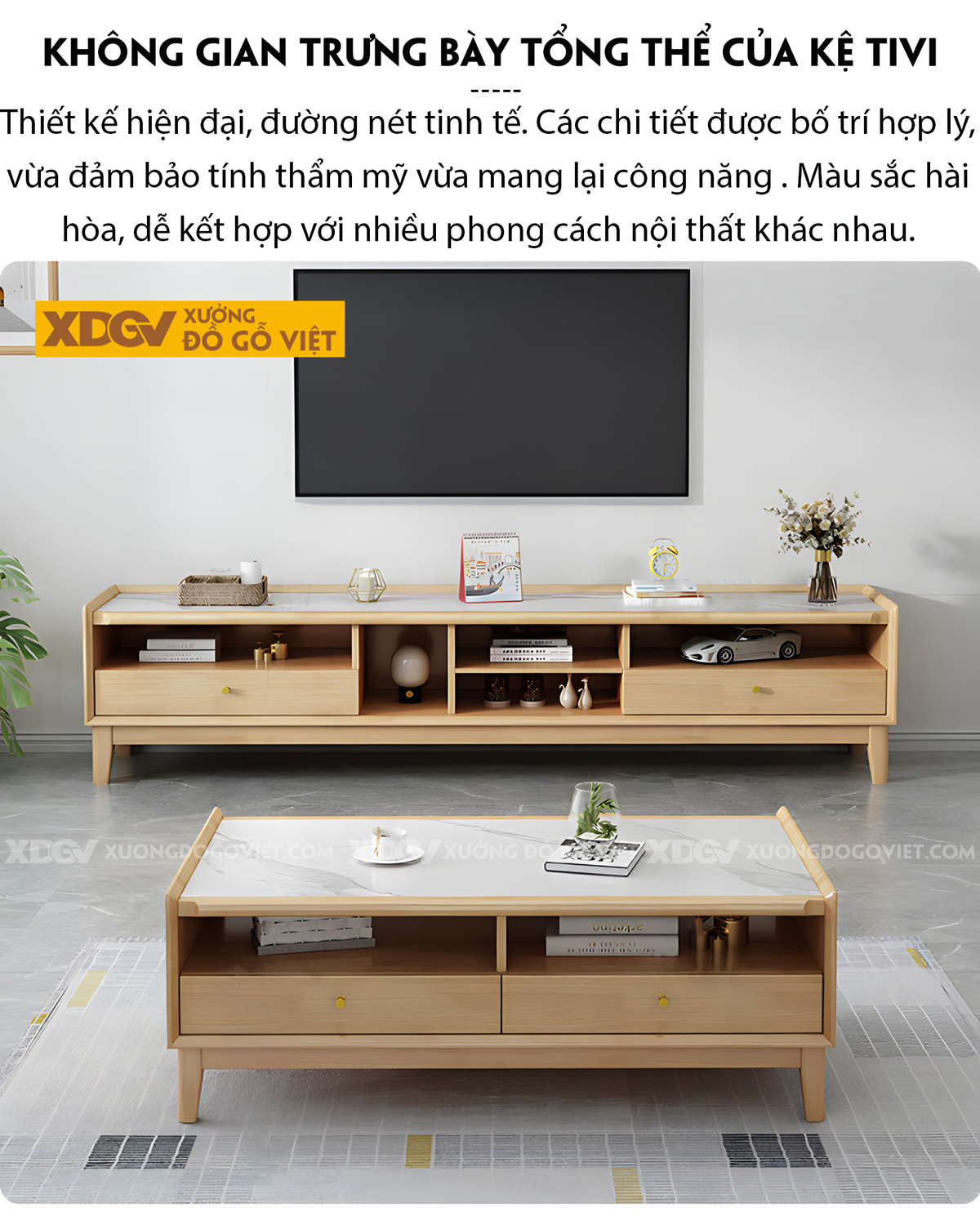 Kệ Tivi Phòng Khách Gỗ Sồi Mặt Đá Hiện Đại Nhiều Hộc Ngăn