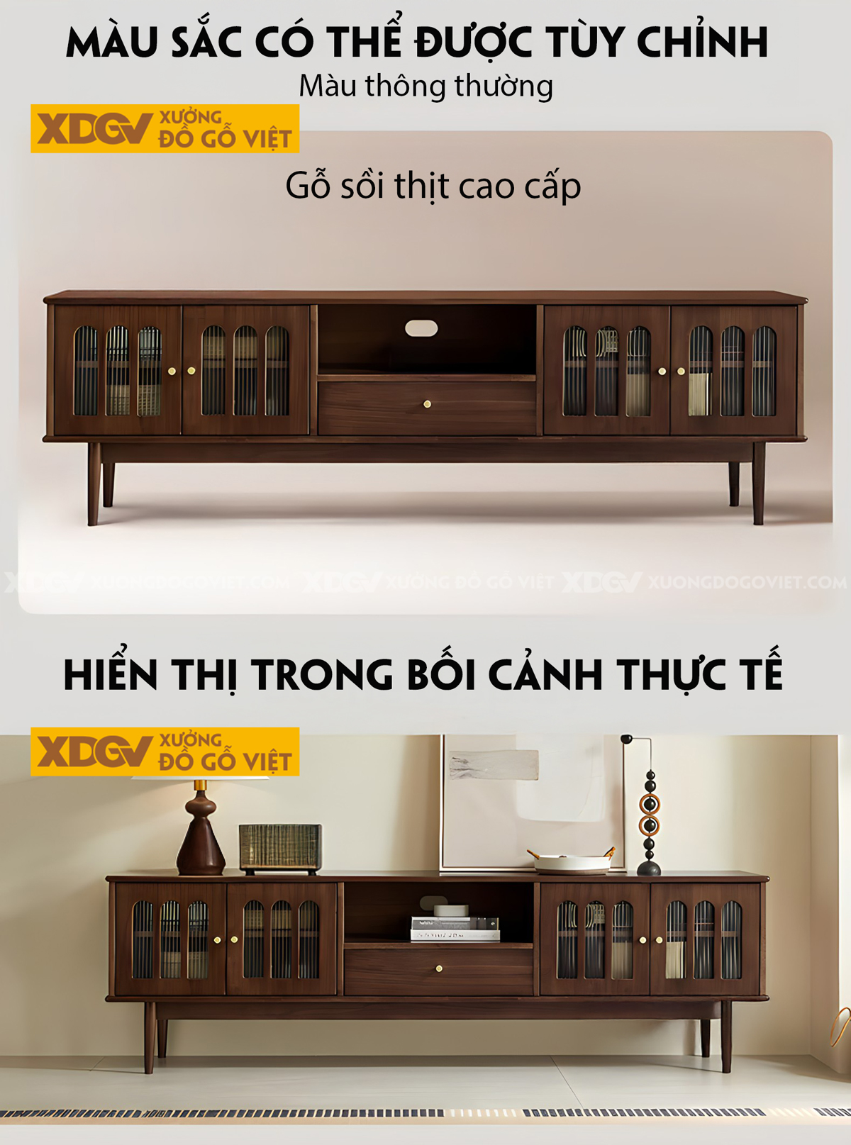 Kệ Tivi Phòng Khách Gỗ Sồi Mỹ Chân Cao Cánh Kính Khung Vòm