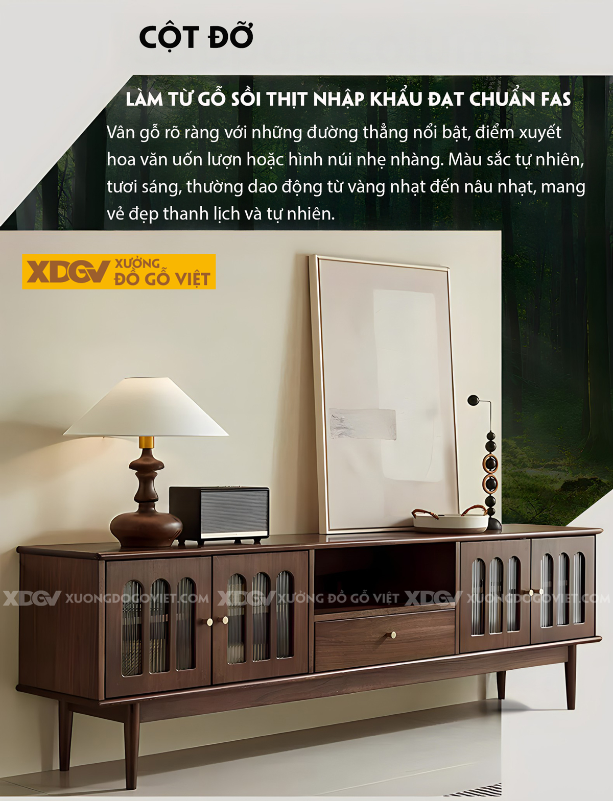 Kệ Tivi Phòng Khách Gỗ Sồi Mỹ Chân Cao Cánh Kính Khung Vòm