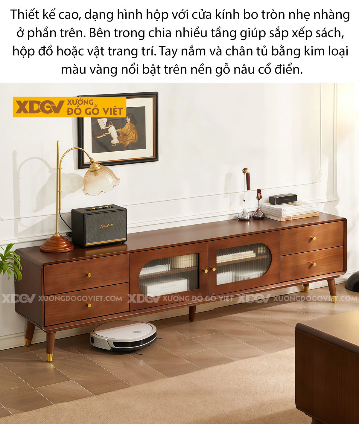Kệ Tivi Phòng Khách Gỗ Xoan Đào Phong Cách Cổ Điển Chân Cao