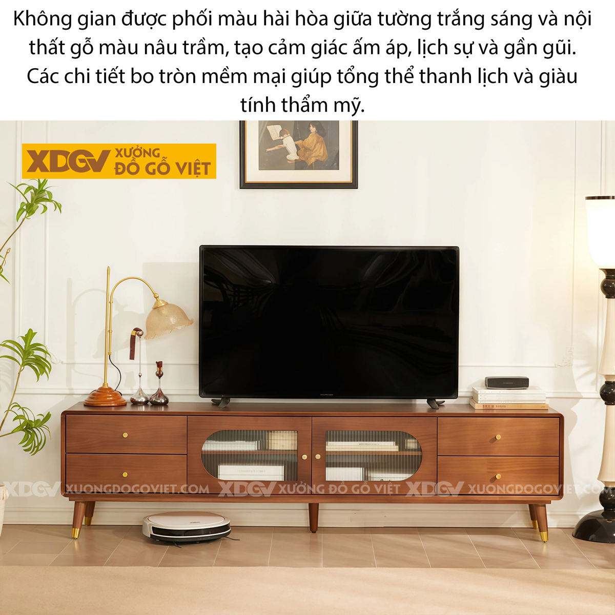 Kệ Tivi Phòng Khách Gỗ Xoan Đào Phong Cách Cổ Điển Chân Cao