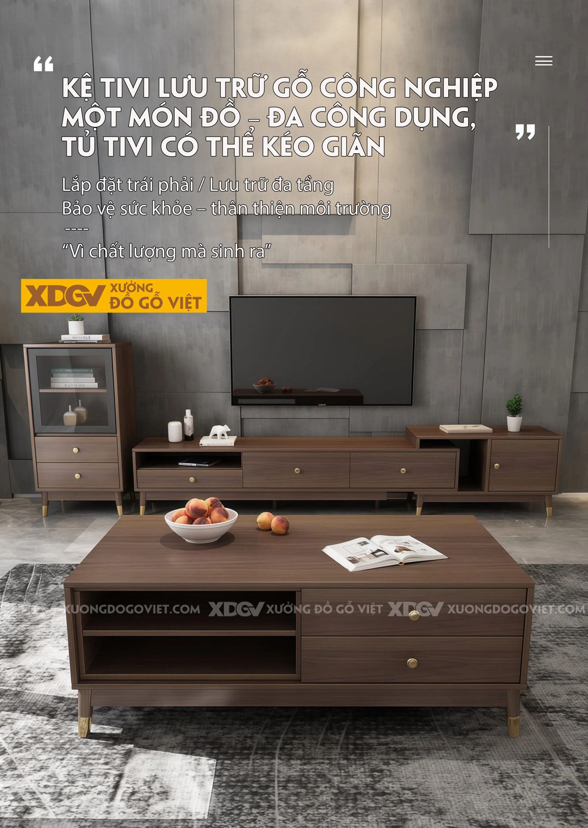 Kệ Tivi Phòng Khách MDF Thiết Kế Dạng Trượt Mở Rộng Lưu Trữ