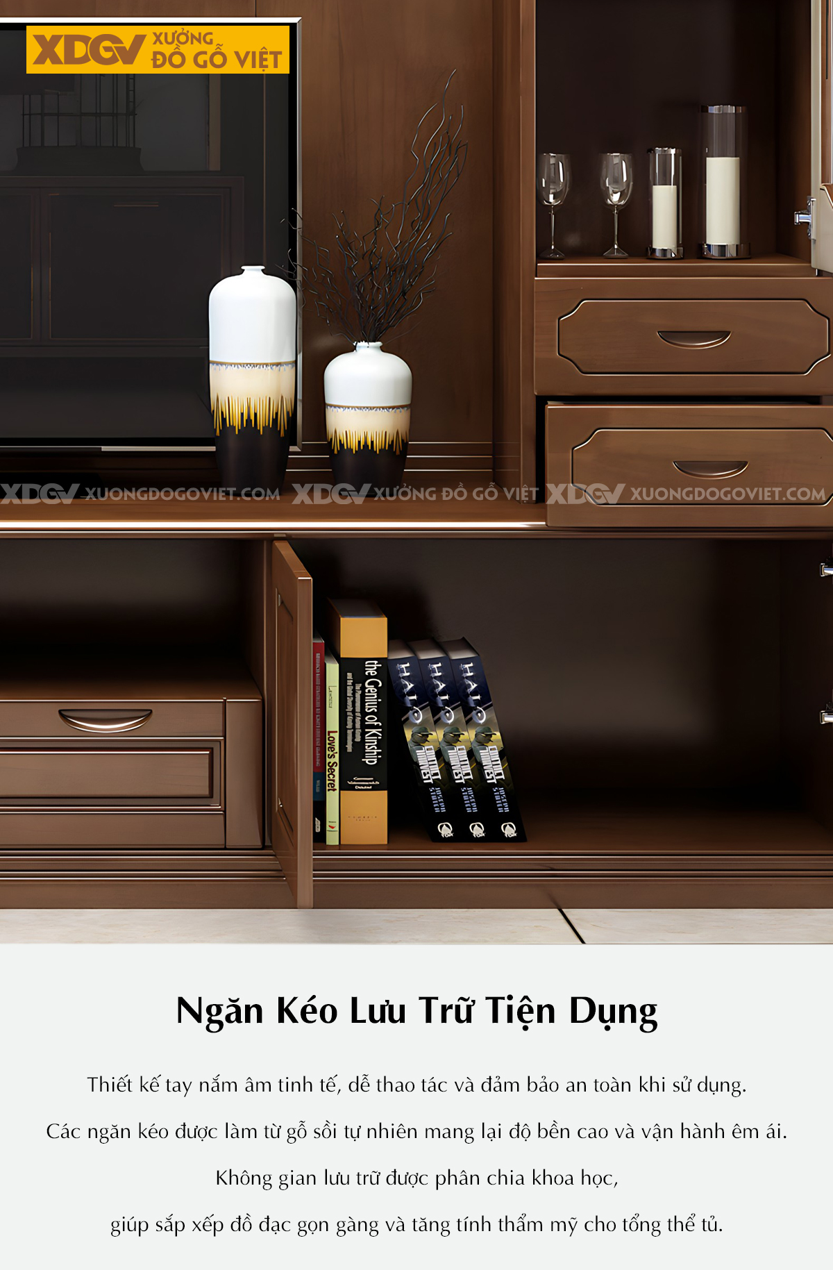 Kệ Tivi Sồi Liền Tủ Cánh Kính Tích Hợp Ngăn Kéo Và Kệ Trên