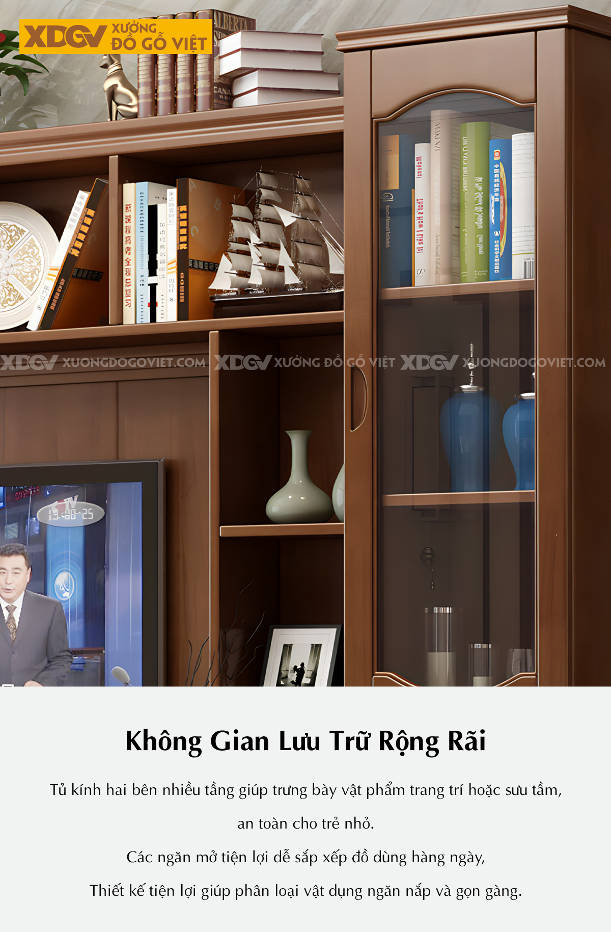 Kệ Tivi Sồi Liền Tủ Cánh Kính Tích Hợp Ngăn Kéo Và Kệ Trên