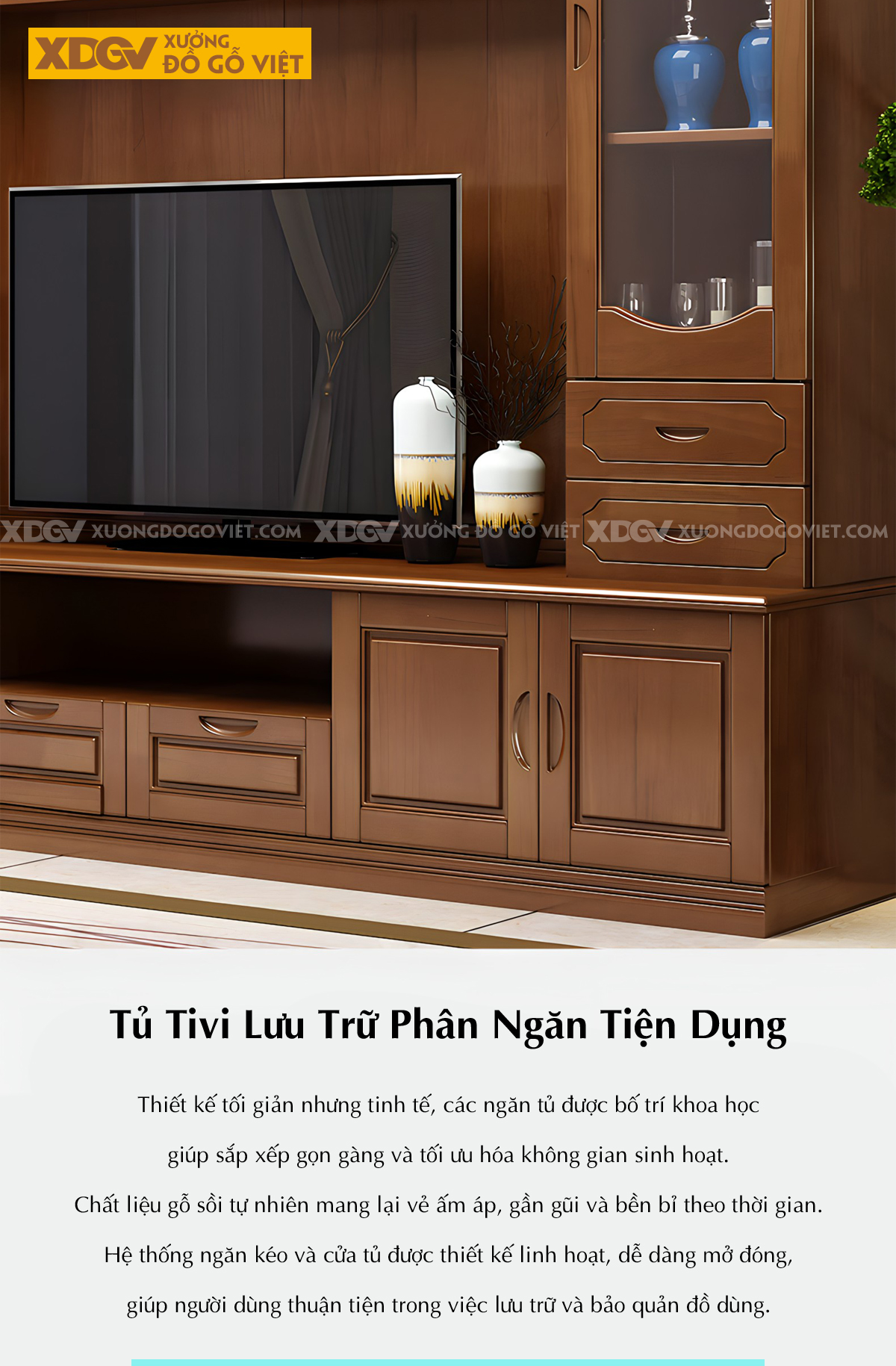 Kệ Tivi Sồi Liền Tủ Cánh Kính Tích Hợp Ngăn Kéo Và Kệ Trên