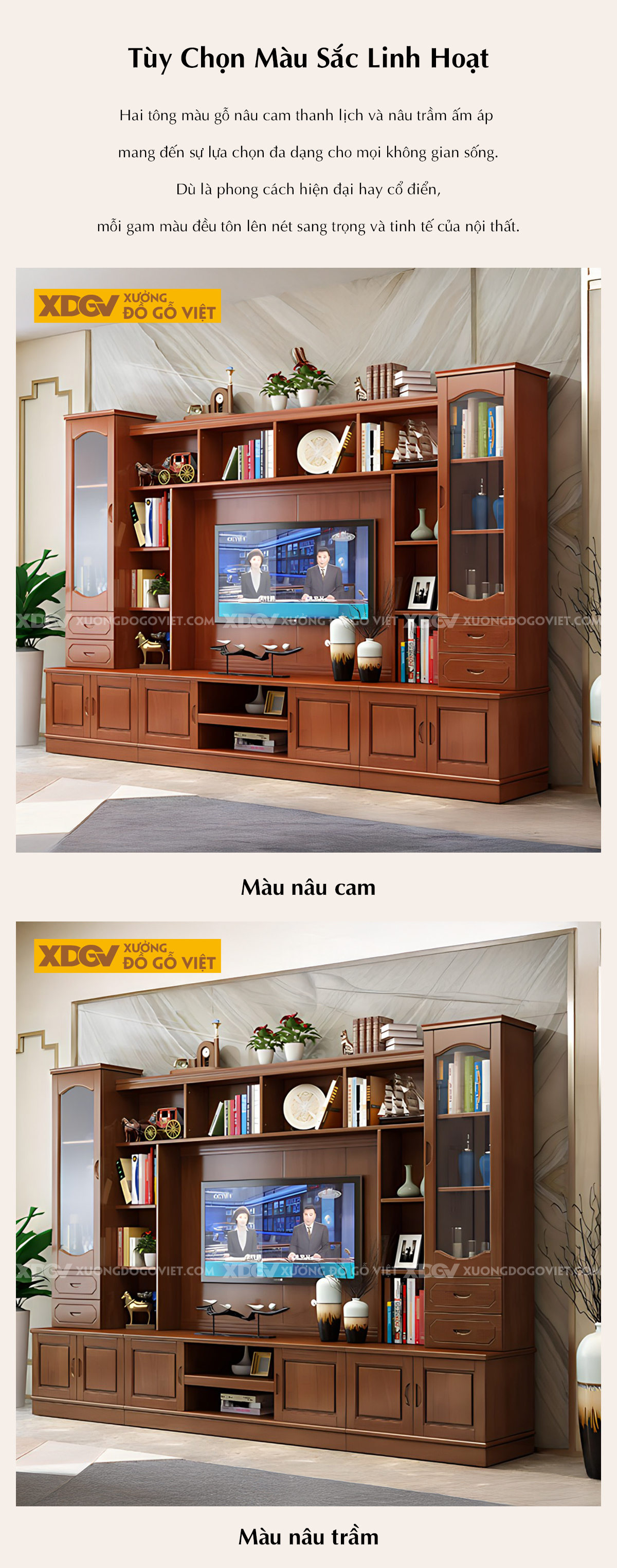 Kệ Tivi Sồi Liền Tủ Cánh Kính Tích Hợp Ngăn Kéo Và Kệ Trên