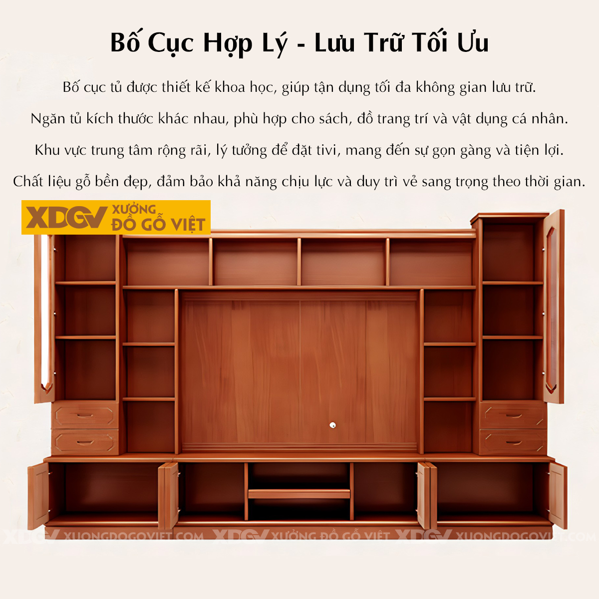 Kệ Tivi Sồi Liền Tủ Cánh Kính Tích Hợp Ngăn Kéo Và Kệ Trên