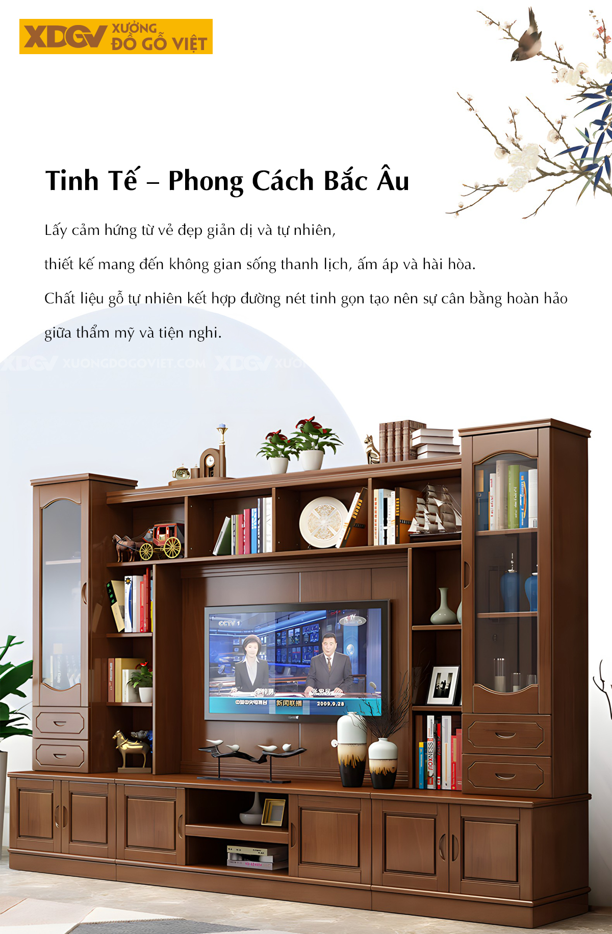 Kệ Tivi Sồi Liền Tủ Cánh Kính Tích Hợp Ngăn Kéo Và Kệ Trên