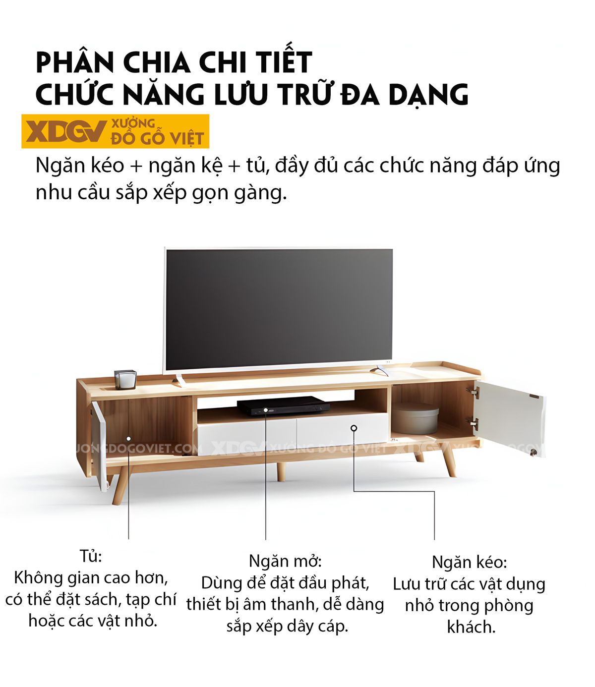 Kệ Tivi Sồi Mỹ Phòng Khách Cánh Sơn Trắng Gờ Nổi Trên