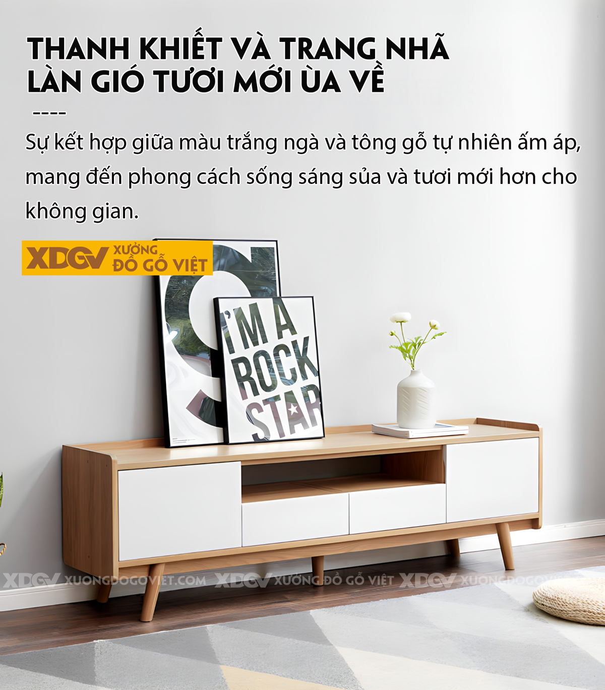 Kệ Tivi Sồi Mỹ Phòng Khách Cánh Sơn Trắng Gờ Nổi Trên