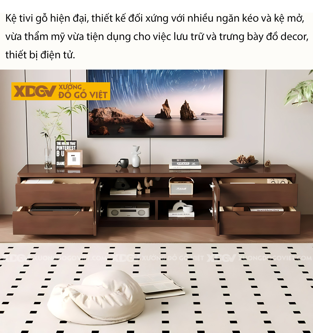 Kệ Tivi Sồi Mỹ Phòng Khách Hiện Đại Tay Âm Khoét Cạnh