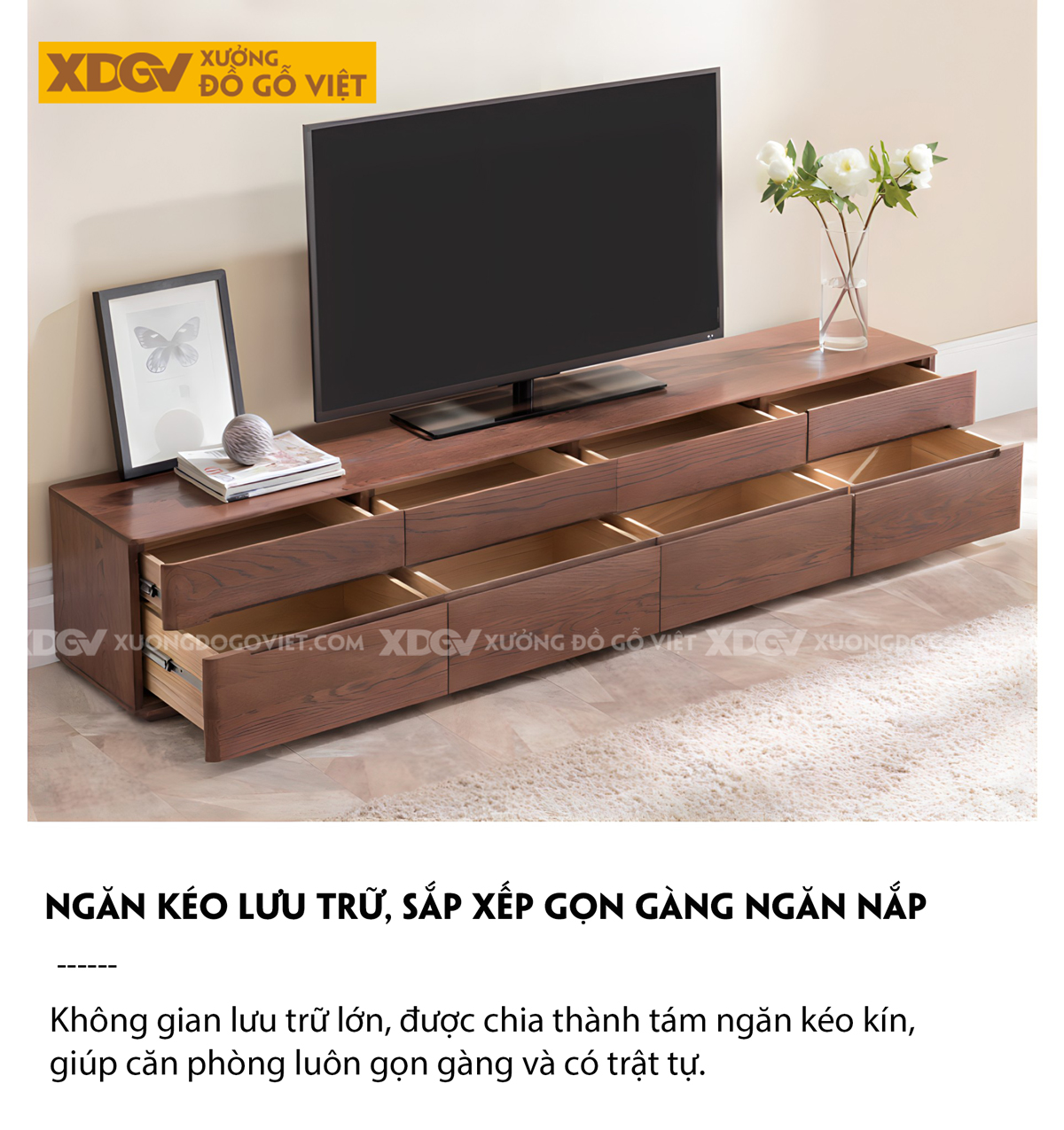 Kệ Tivi Sồi Mỹ Phòng Khách Nhiều Ngăn Kéo Linh Hoạt Tay Âm