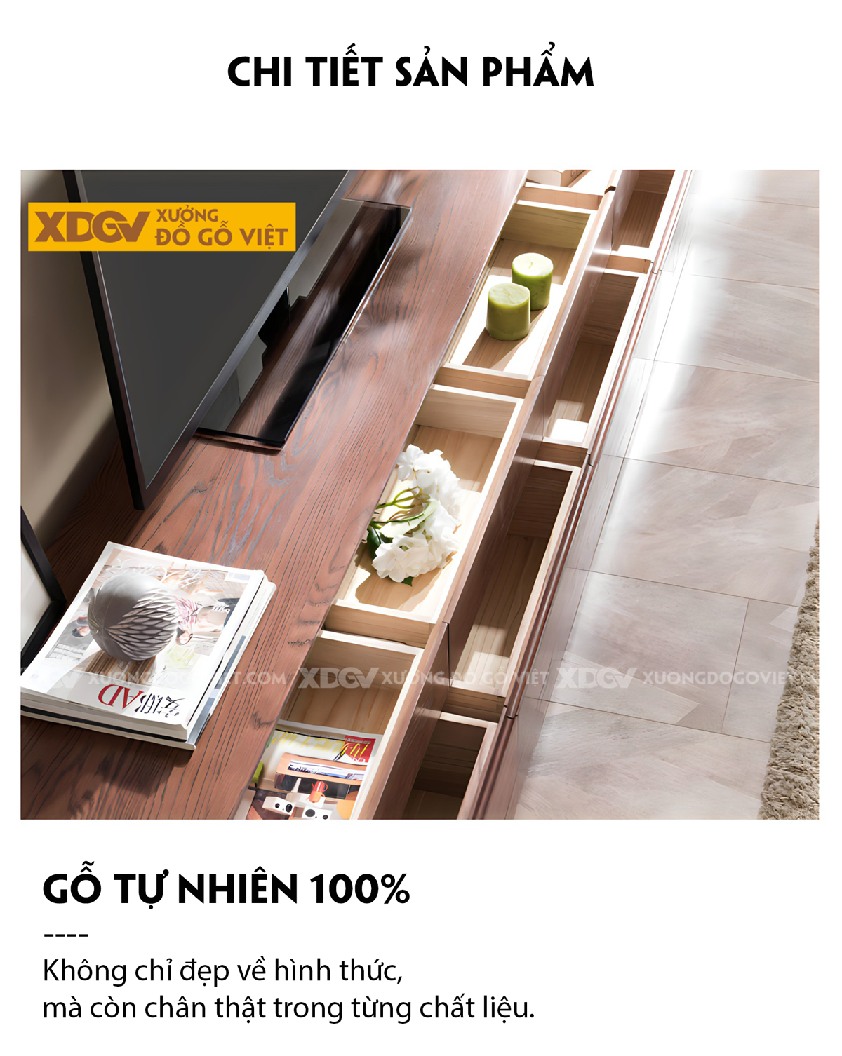 Kệ Tivi Sồi Mỹ Phòng Khách Nhiều Ngăn Kéo Linh Hoạt Tay Âm