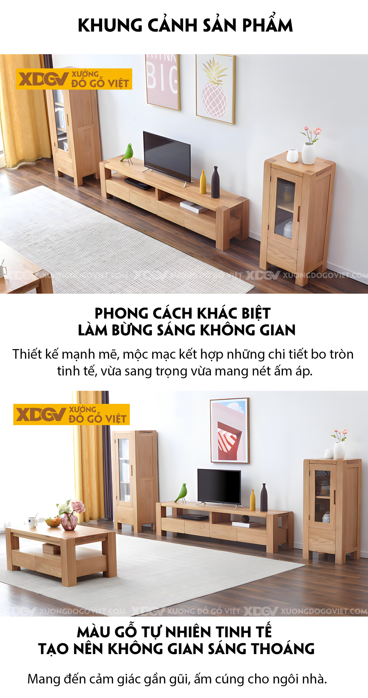 Kệ Tivi Sồi Mỹ Vân Tự Nhiên Kết Cấu Chân Trụ Dày Vững Chãi