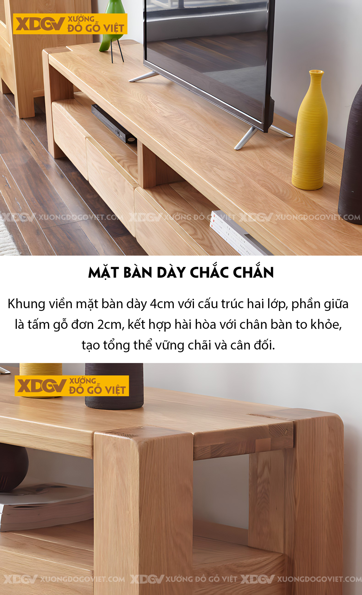 Kệ Tivi Sồi Mỹ Vân Tự Nhiên Kết Cấu Chân Trụ Dày Vững Chãi