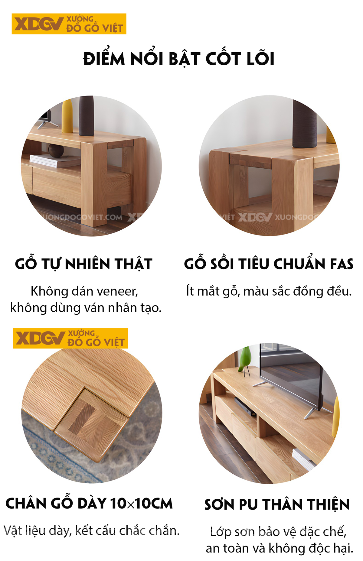 Kệ Tivi Sồi Mỹ Vân Tự Nhiên Kết Cấu Chân Trụ Dày Vững Chãi