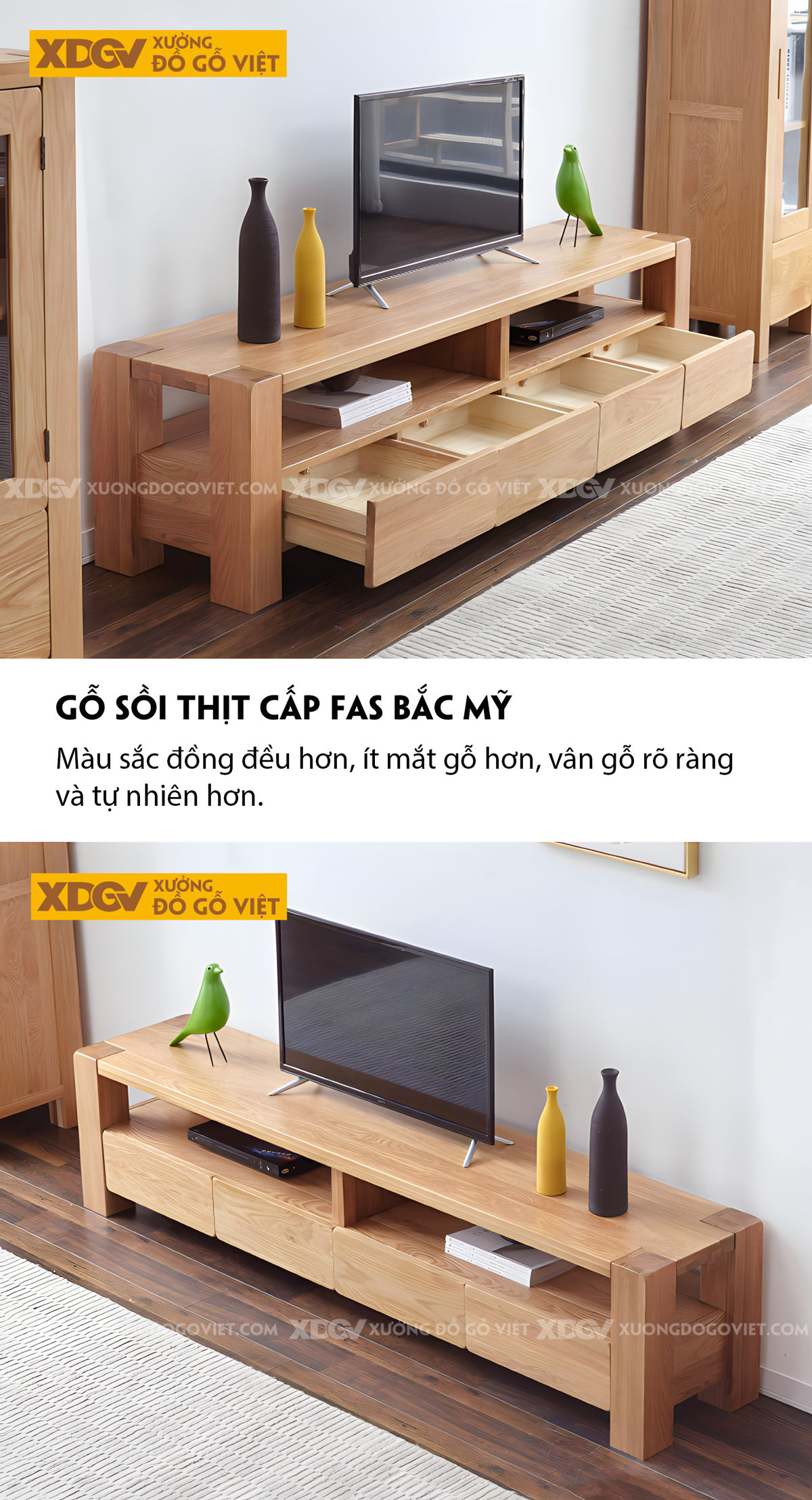 Kệ Tivi Sồi Mỹ Vân Tự Nhiên Kết Cấu Chân Trụ Dày Vững Chãi