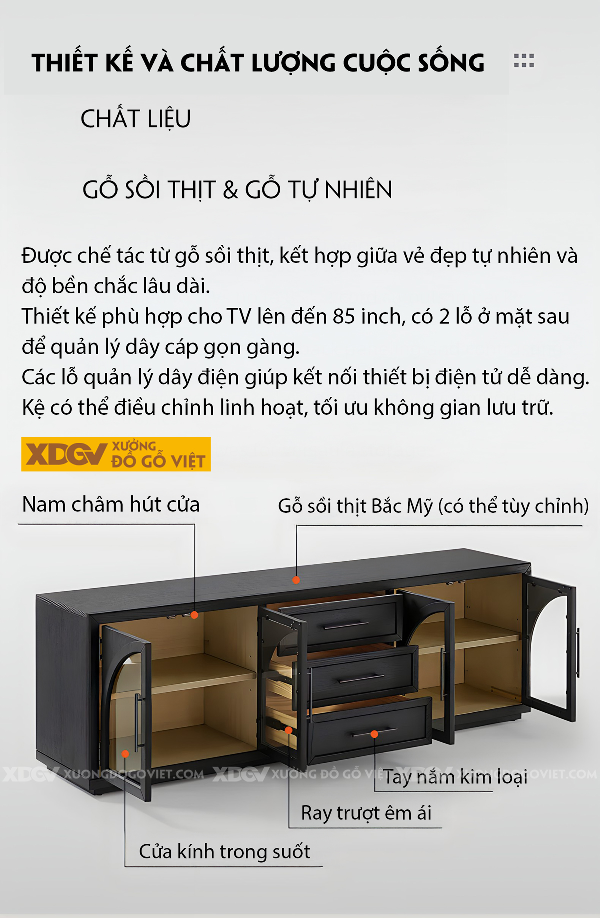 Kệ Tivi Trang Trí Gỗ Sồi Đặt Sàn 2 Tầng Sơn Đen Giữ Vân Đẹp