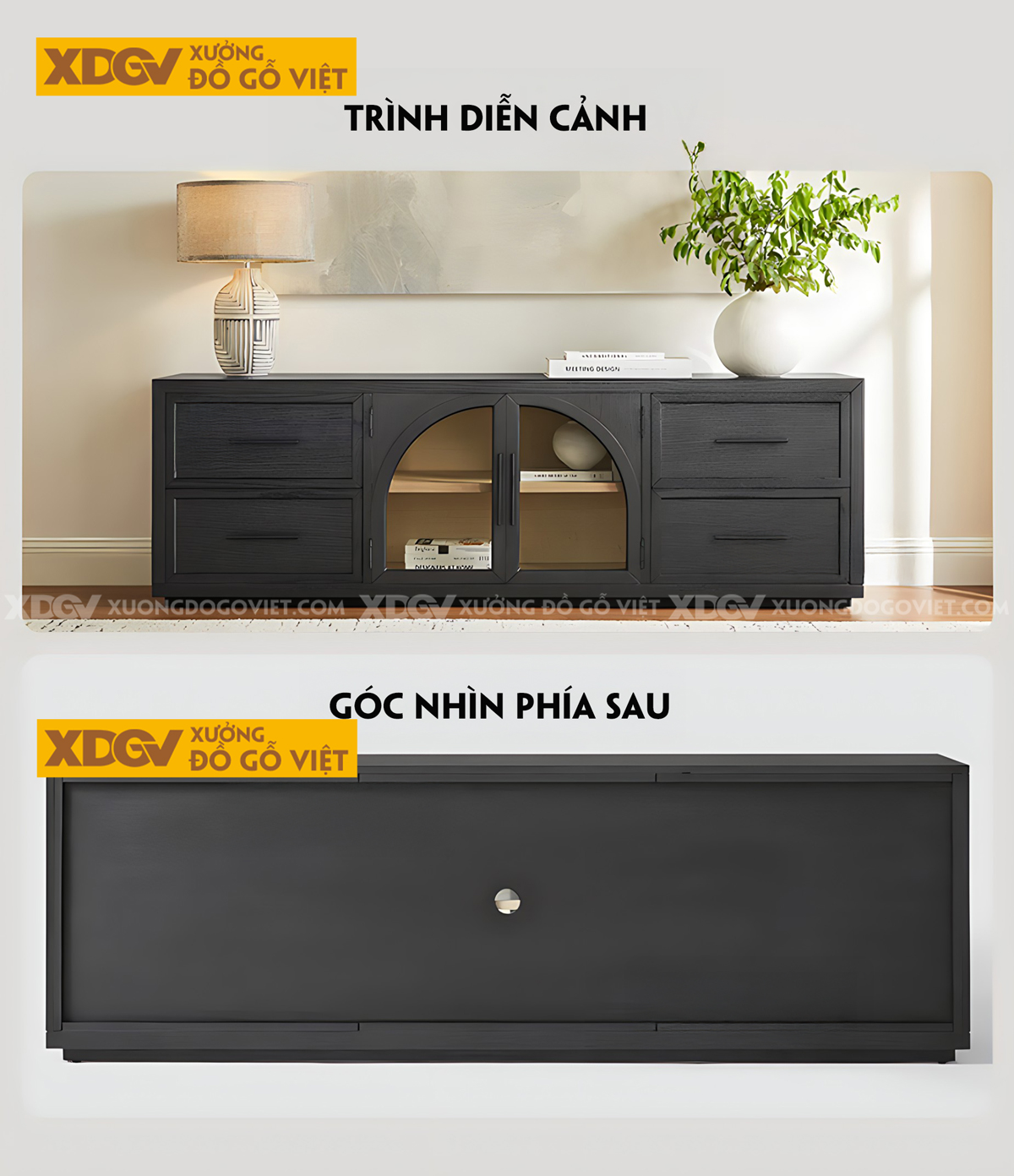 Kệ Tivi Trang Trí Gỗ Sồi Đặt Sàn 2 Tầng Sơn Đen Giữ Vân Đẹp