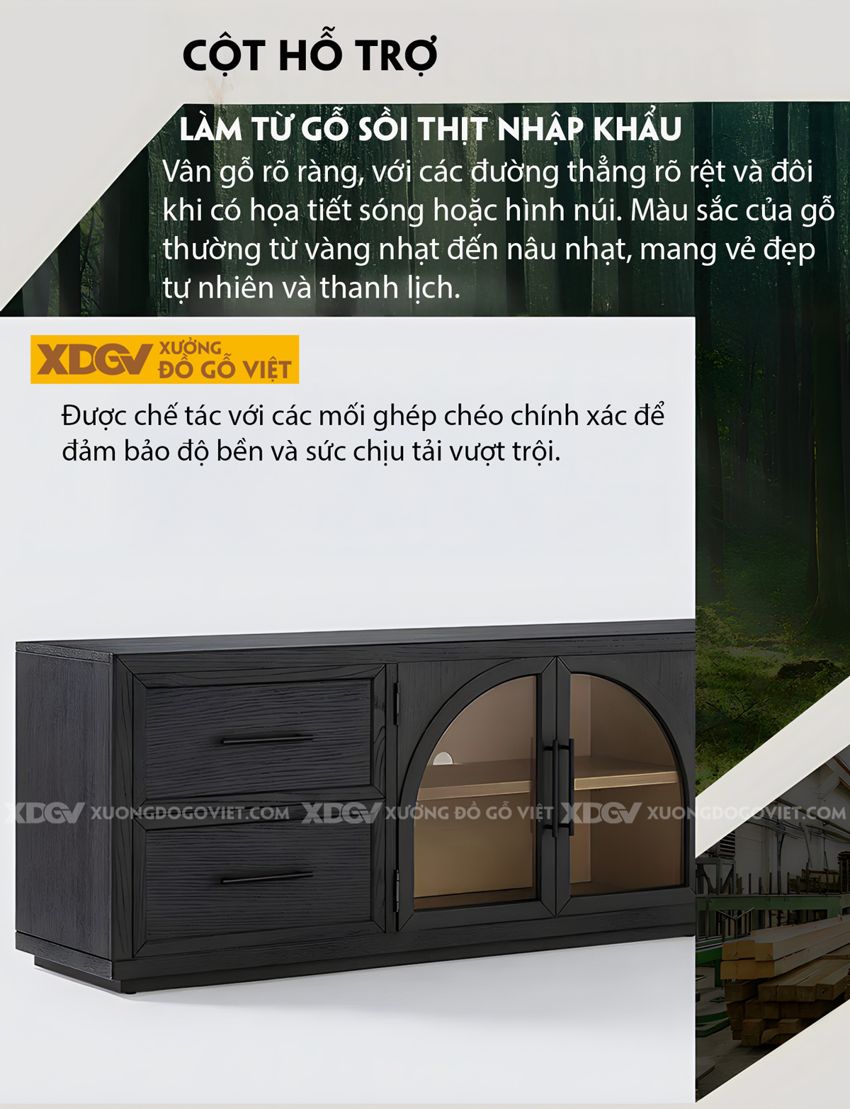 Kệ Tivi Trang Trí Gỗ Sồi Đặt Sàn 2 Tầng Sơn Đen Giữ Vân Đẹp