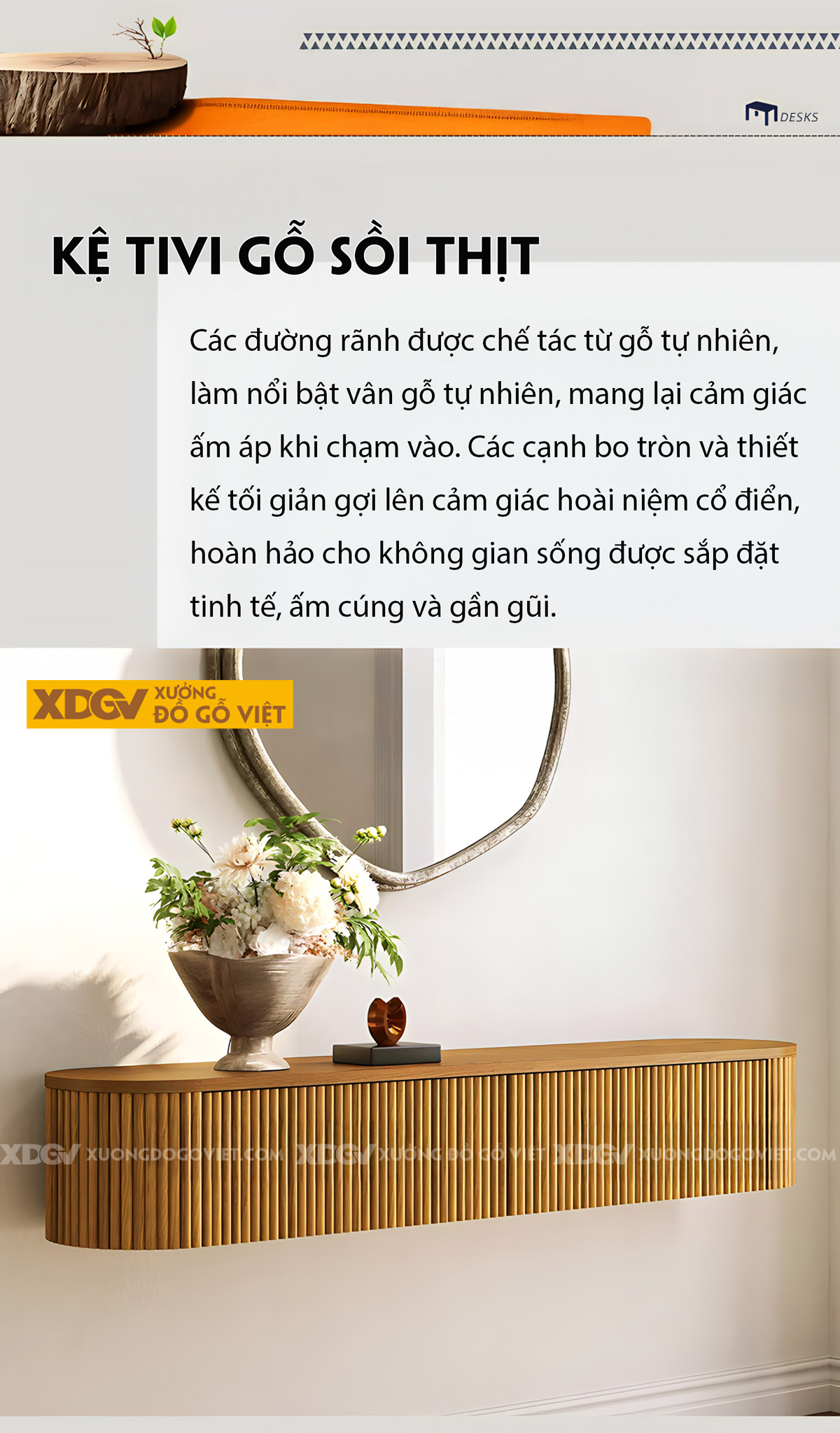 Kệ Tivi Treo Tường Hiện Đại Thanh Gỗ Nan Sóng Dọc Tinh Tế