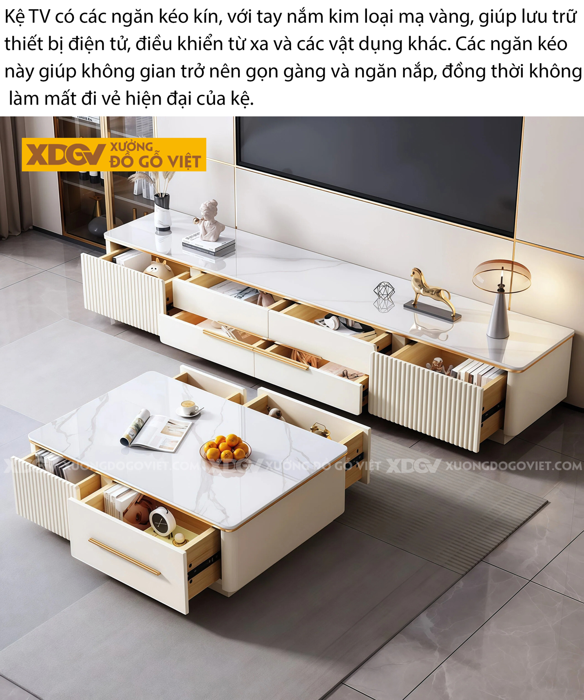 Kệ Tivi Trưng Bày Gỗ Cao Su Cạnh Bo Góc Ngăn Kéo Trung Tâm