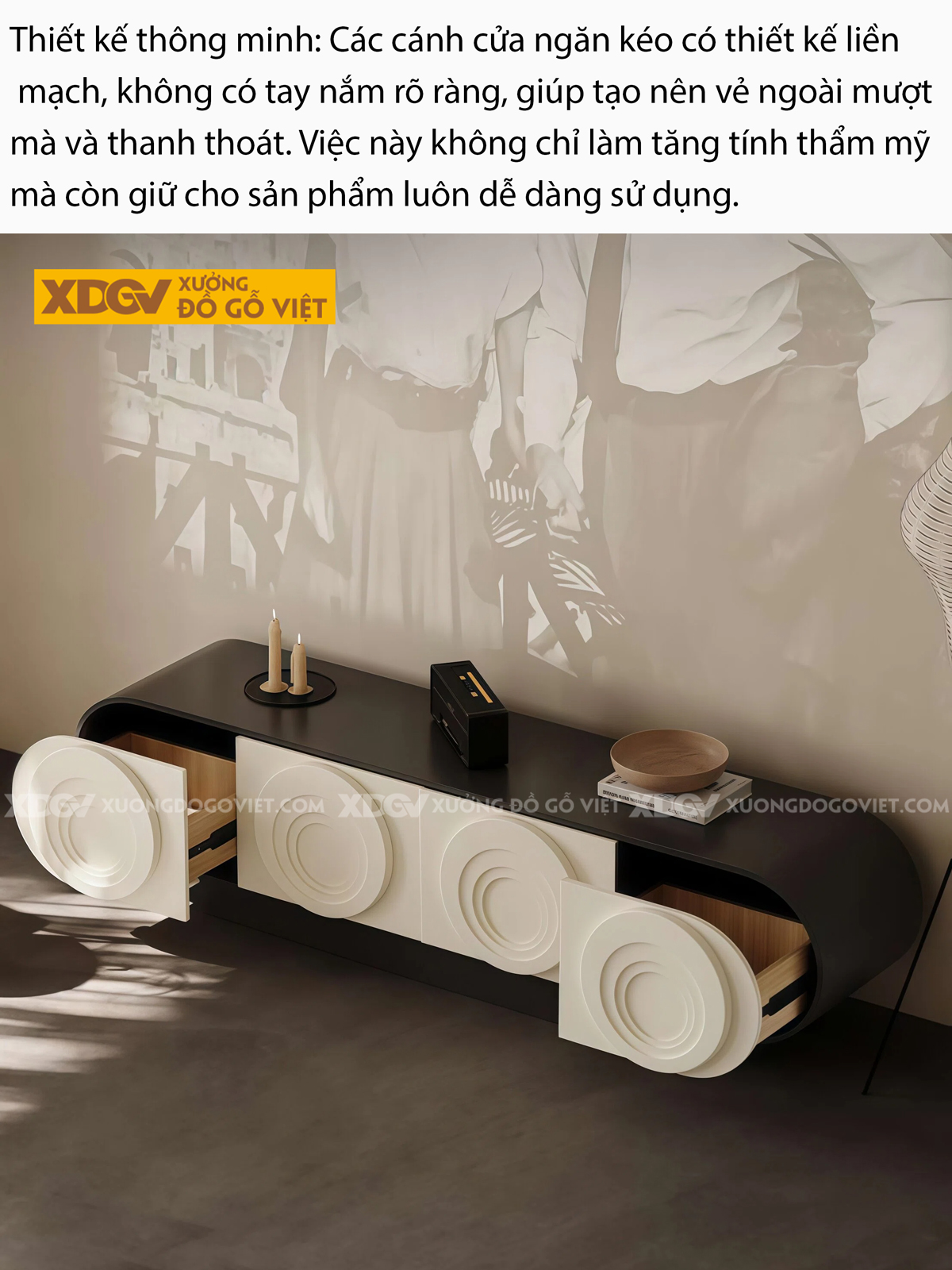 Kệ Tivi Trưng Bày Gỗ Cao Su Cạnh Bo Góc Ngăn Kéo Trung Tâm