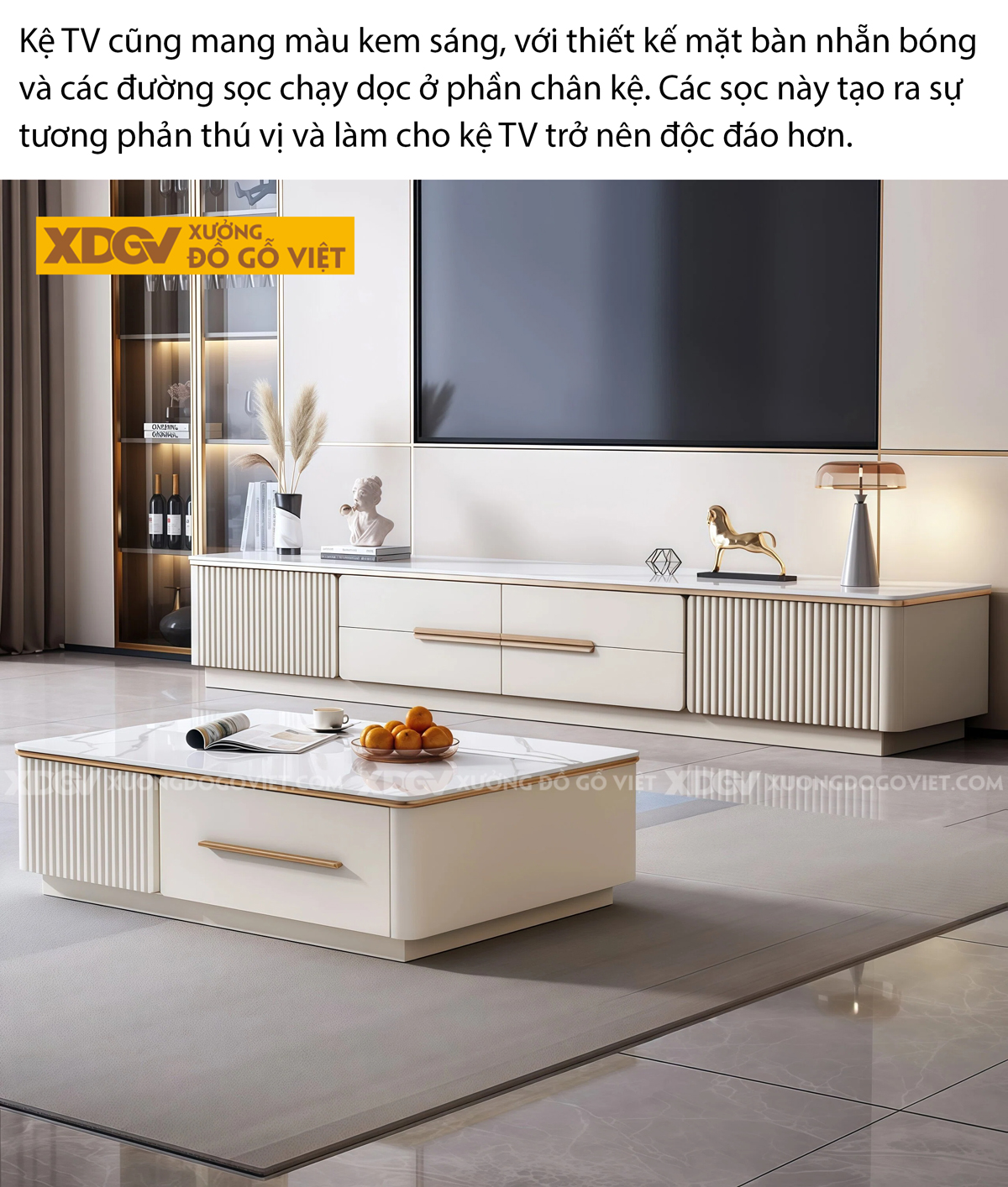 Kệ Tivi Trưng Bày Gỗ Cao Su Cạnh Bo Góc Ngăn Kéo Trung Tâm