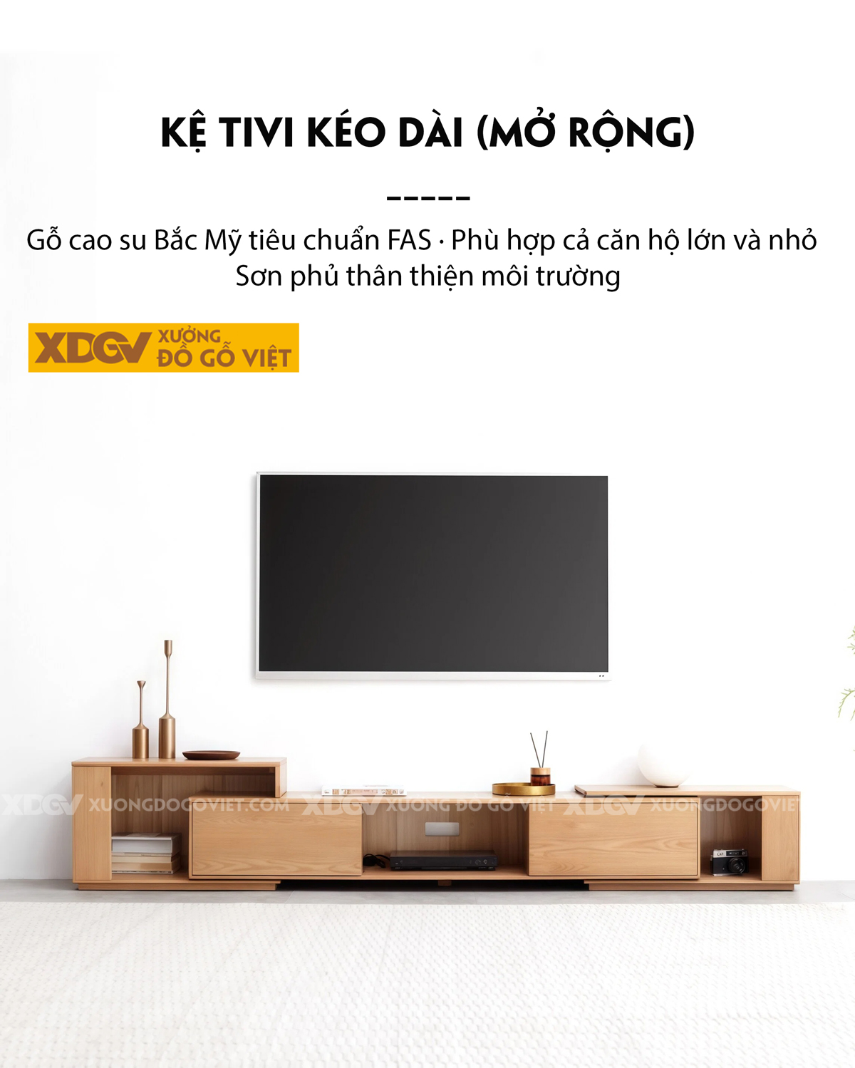 Kệ Tivi Trưng Bày Gỗ Cao Su Thiết Kế Phân Tầng Đẩy Trượt