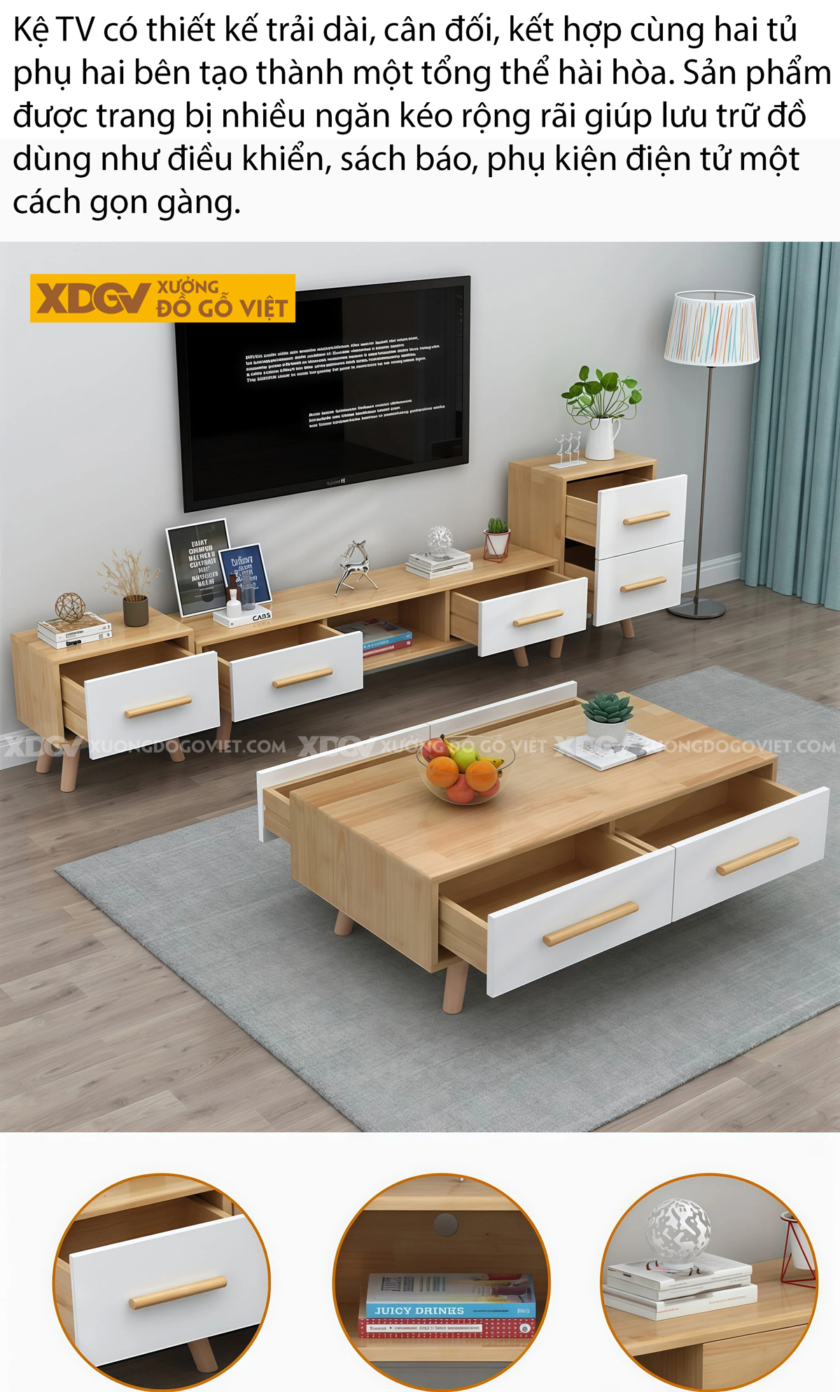 Kệ Tivi Trưng Bày Gỗ Cao Su Thiết Kế Phân Tầng Đẩy Trượt