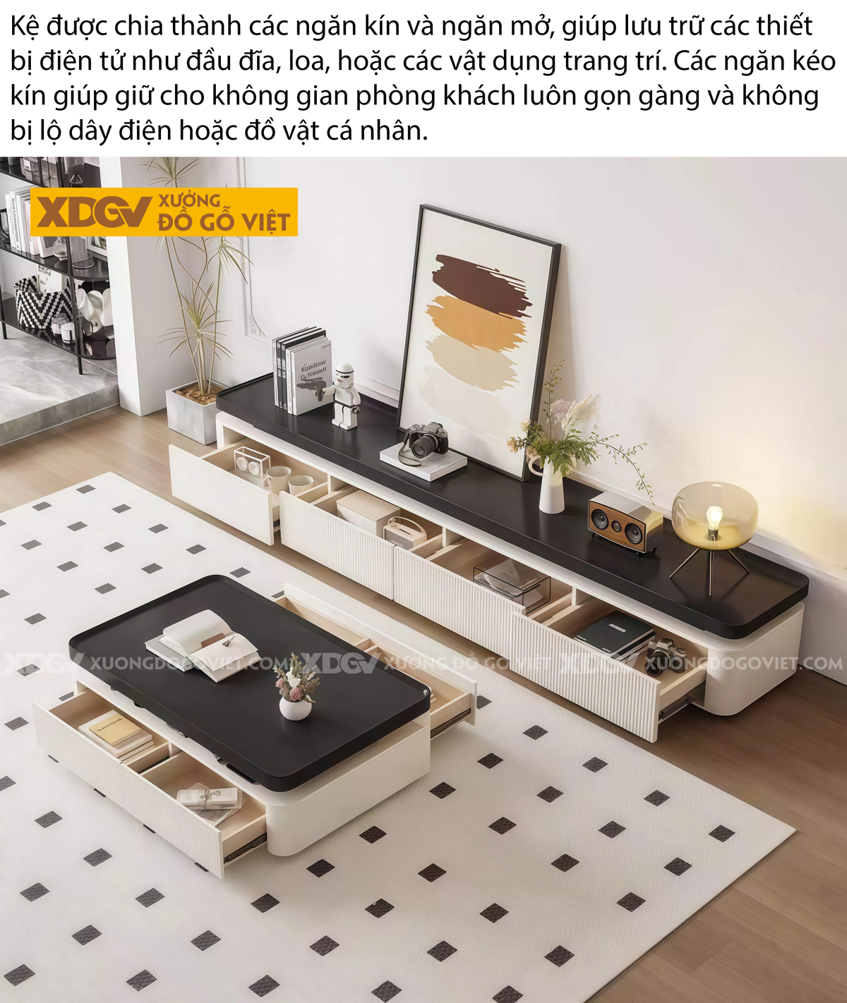 Kệ Tivi Trưng Bày Gỗ Cao Su Tích Hợp Cửa Lùa Lưu Trữ Tối Ưu