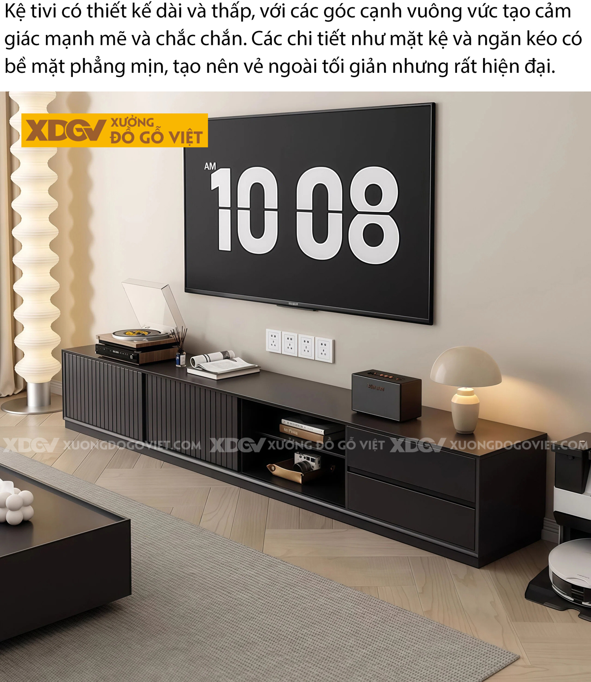 Kệ Tivi Trưng Bày Phòng Khách Gỗ Cao Su Cánh Kính Mờ Bo Góc